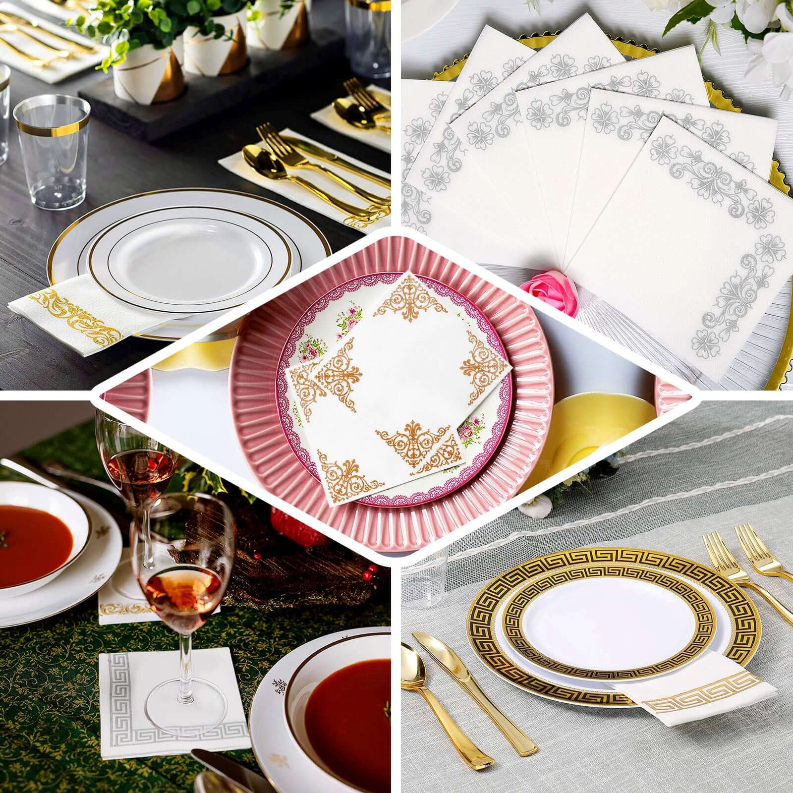 25-Piece Set of Hygienic Disposable Airlaid White Napkins with Gold Greek Key Design, 5x5 Size