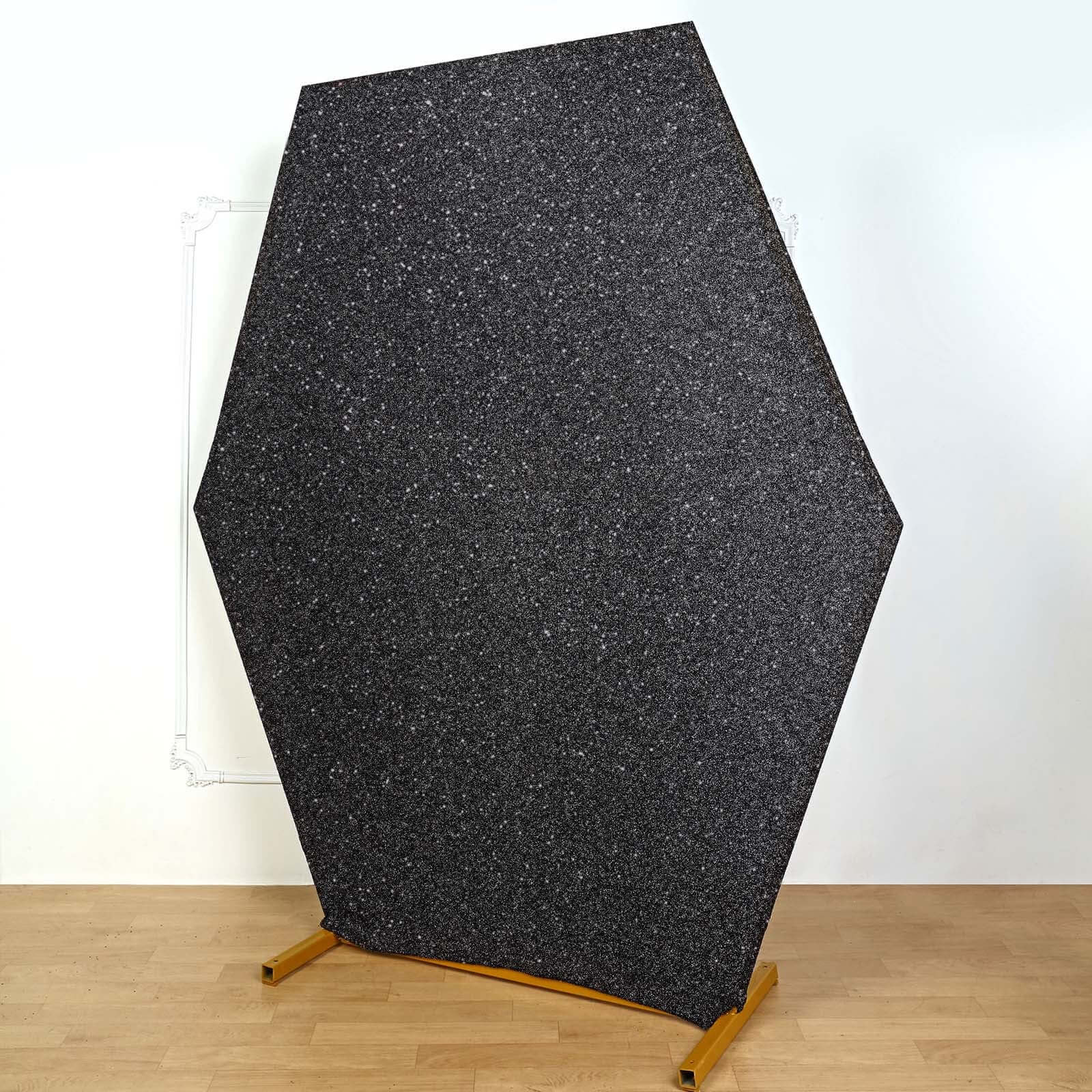 8ft x 7ft Double-Sided Black Metallic Shimmer Tinsel Spandex Hexagon Wedding Arbor Backdrop