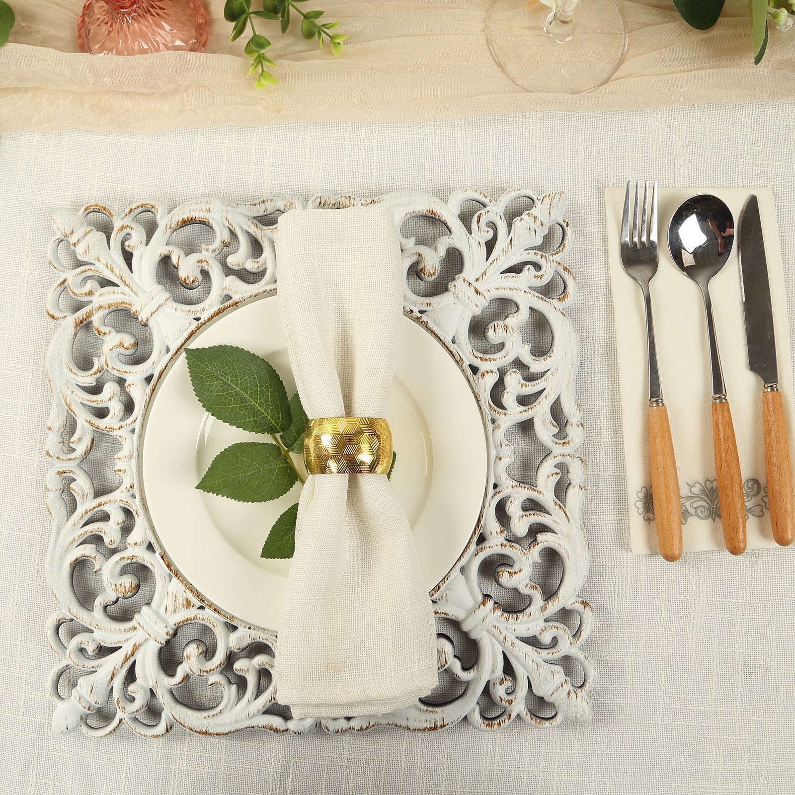 6-Piece Set of Whitewashed Acrylic Square Charger Plates with Hollow Lace Border, 12 Inches, Ideal for Events