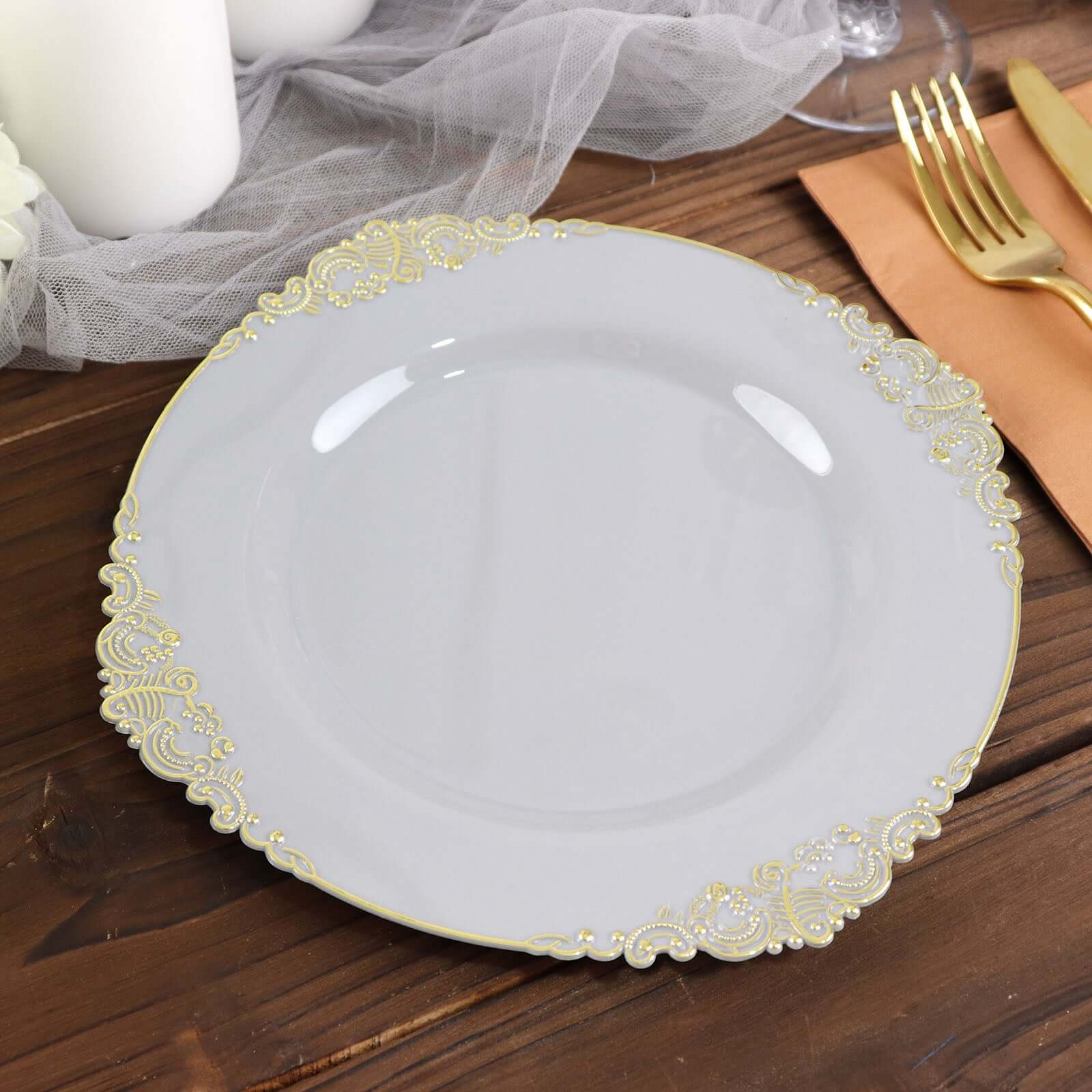 10-Pack Disposable Gray Plastic Round Dessert Plates with Gold Leaf Embossed Rim, Baroque Style