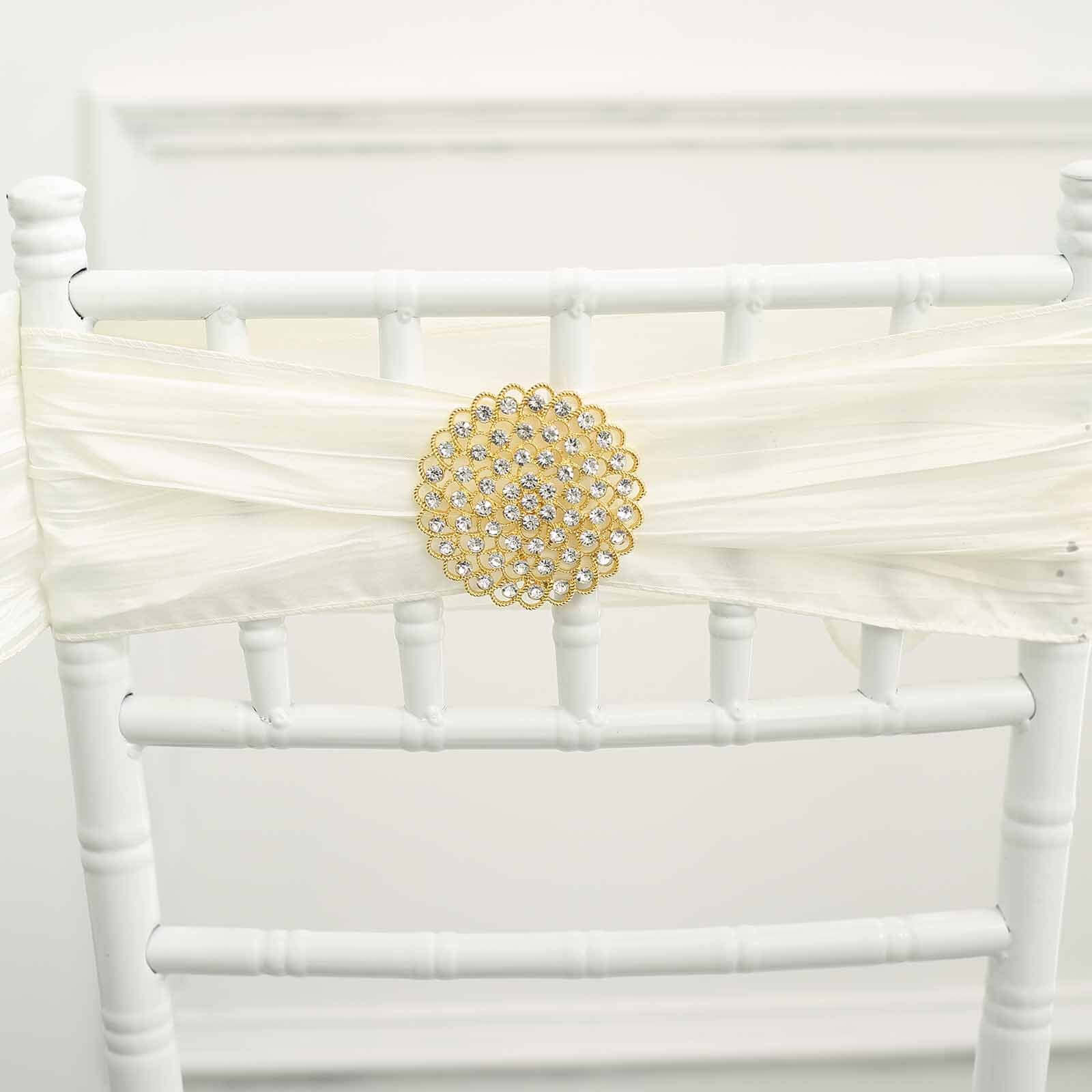 Sparkling Gold Rhinestone Metal Flower Chair Sash Band Buckle - Ideal for Weddings & Celebrations
