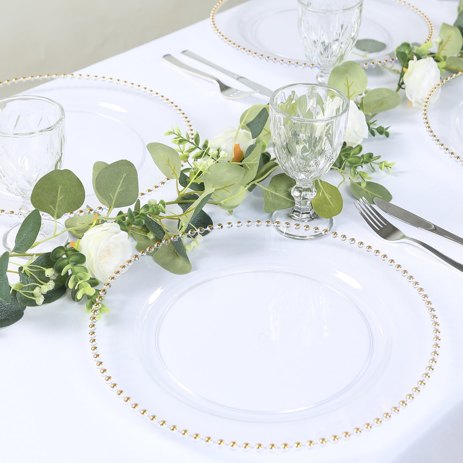 10-Piece Set of Clear 13-Inch Round Plastic Charger Plates with Gold Beaded Rim for Stylish Dinner Parties