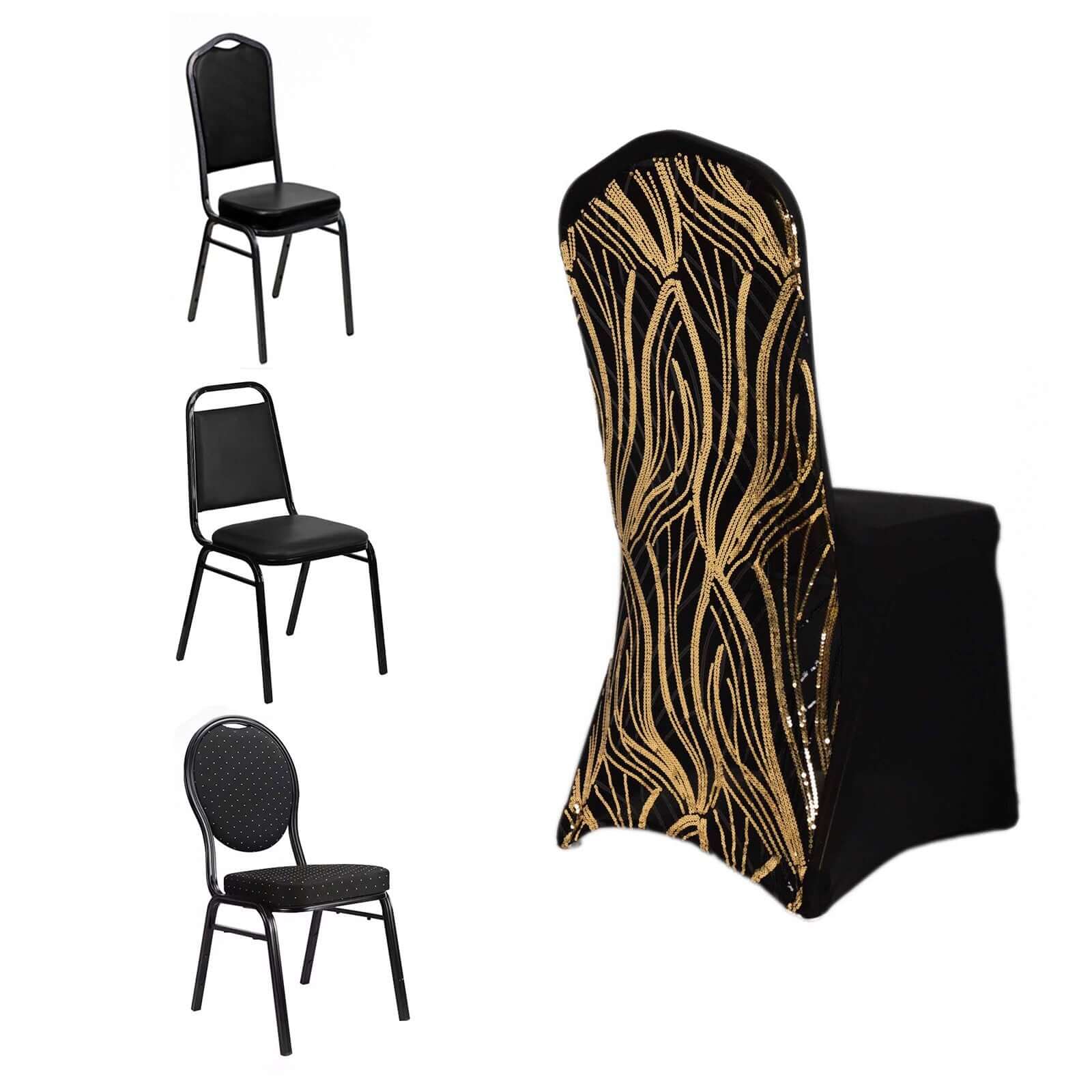 Sparkling Black/Gold Spandex Banquet Chair Cover with Wave Embroidered Sequins - Fitted Stretch Slipcover
