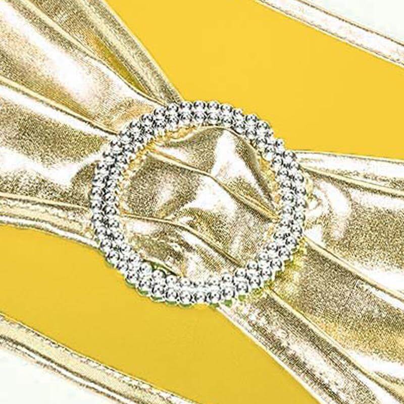 5-Pack Champagne Metallic Spandex Chair Sashes with Round Diamond Buckles - Stretch Fit!