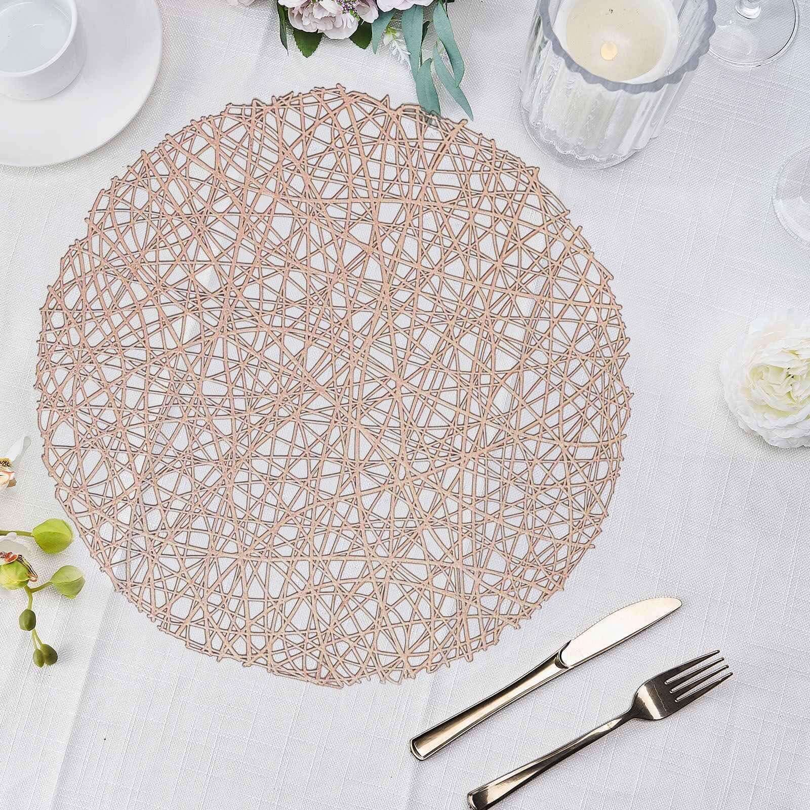 Hot Sale! 6-Piece Set of Durable Rose Gold Vinyl Round Dining Table Placemats with Woven Design