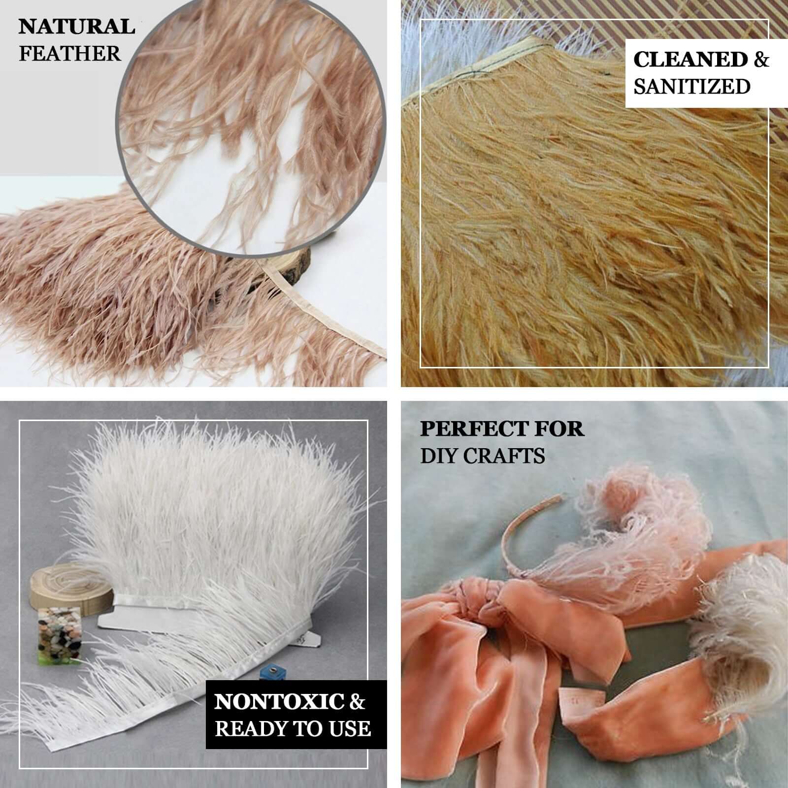 Exclusive 39-Inch White Real Ostrich Feather Fringe Trim with Satin Ribbon Tape for DIY Crafts