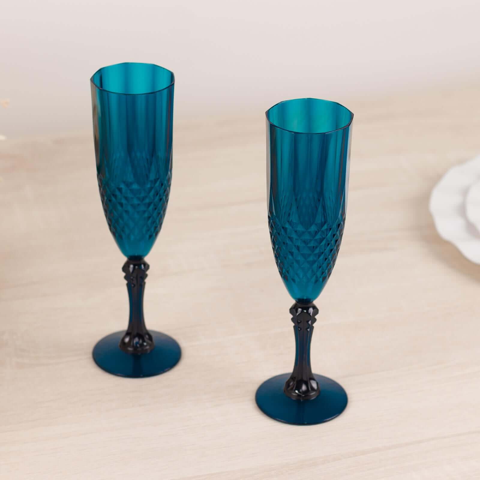 6-Piece Set of Reusable Navy Blue 8oz Plastic Champagne Toast Flutes with Crystal Cut Design