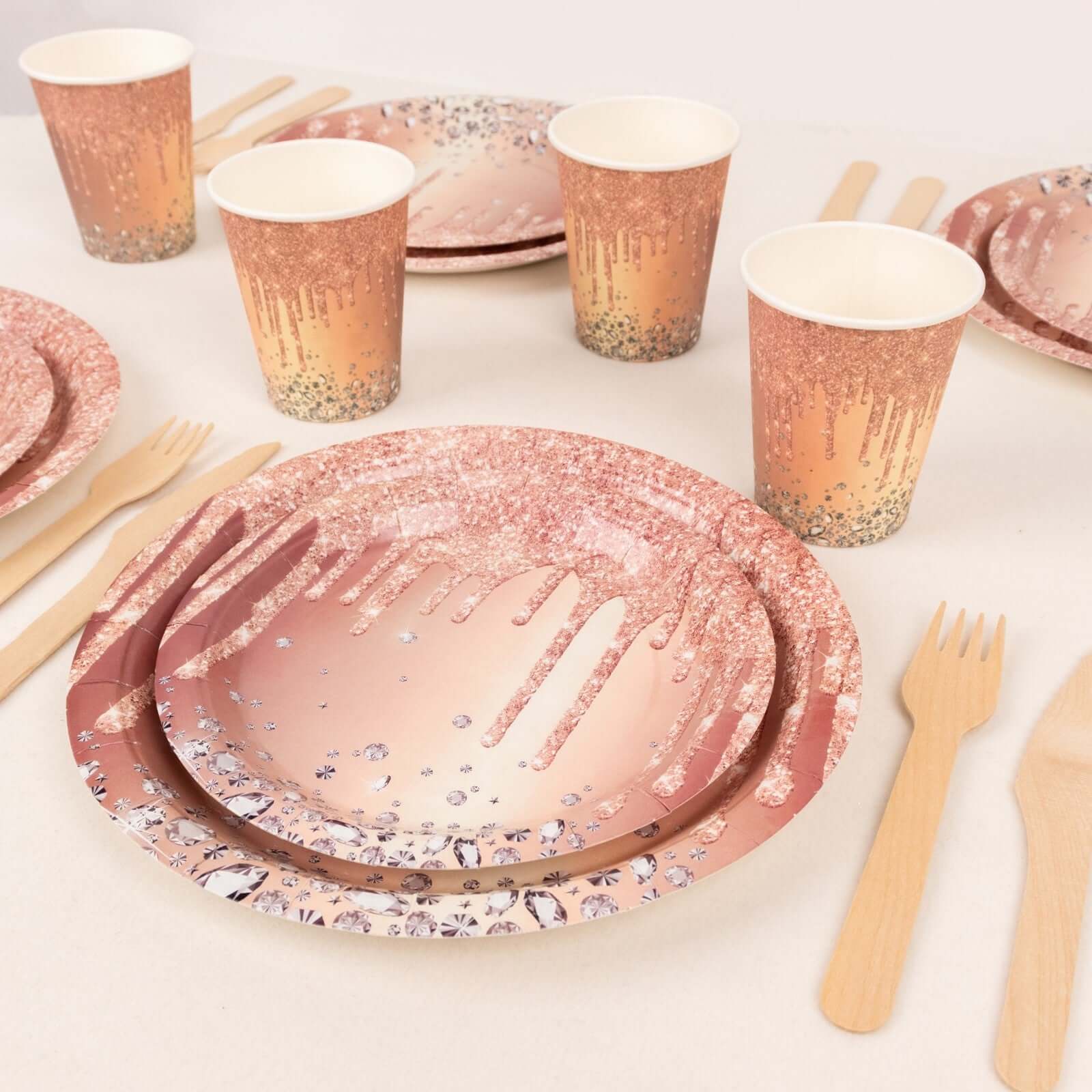 Hot Sale! 72-Piece Disposable Paper Dinnerware Set in Rose Gold with Diamond Glitter Drip Pattern