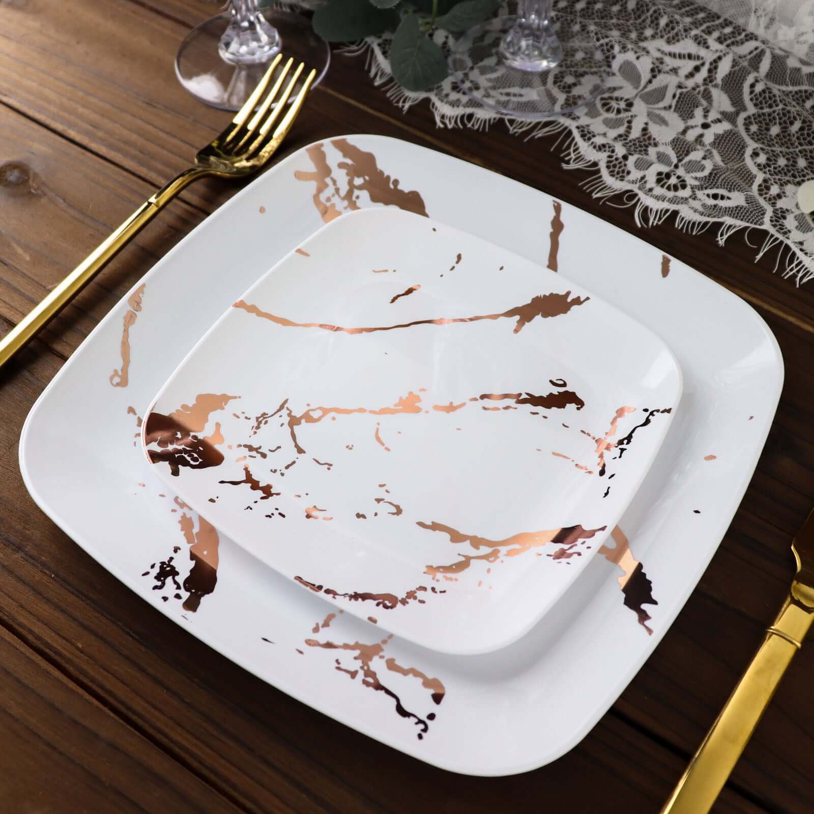 Great Deal! 10-Pack Disposable White Plastic Appetizer Plates with Rose Gold Marble Design for Special Events