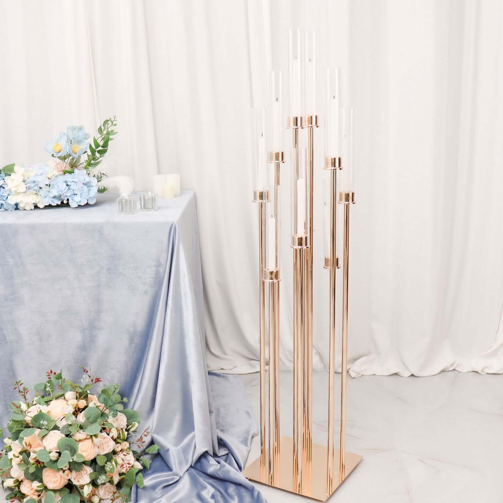 Stylish 10-Arm Gold Cluster Taper Candle Holder with Clear Glass Shades for Gatherings