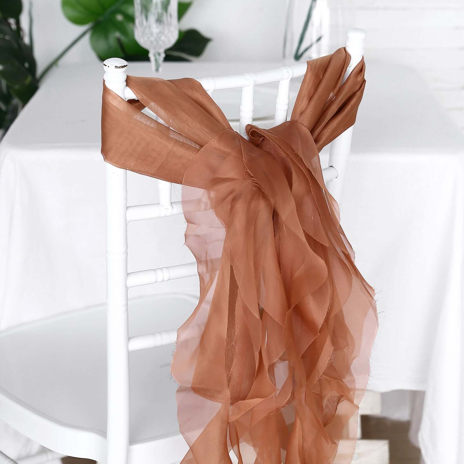 Stylish Terracotta (Rust) Chiffon Chair Sashes Set with Willow Ruffles Design