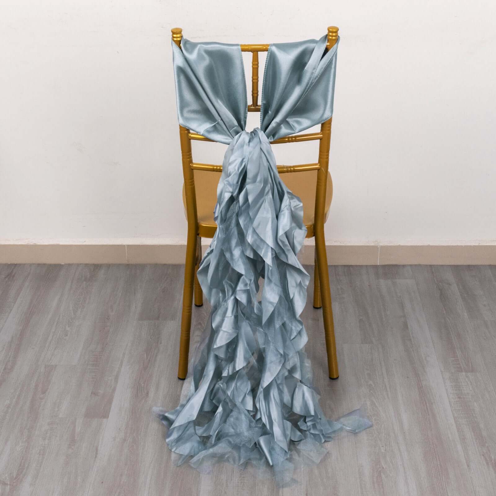 5-Pack Dusty Blue Chiffon Satin Chair Sashes - Easy Install, Curly Willow Style