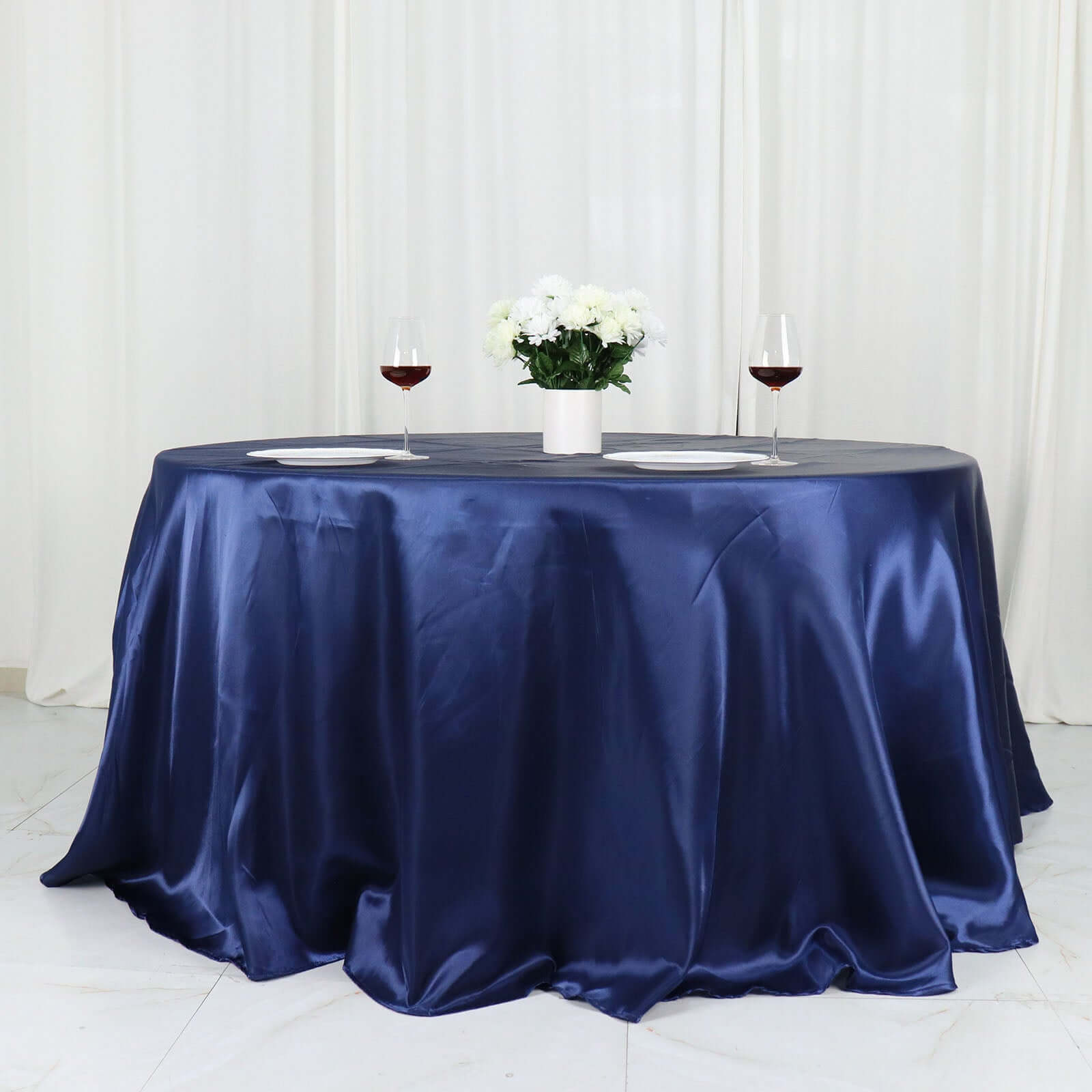 Stylish Navy Blue Satin 132-Inch Round Tablecloth - Ideal for Special Occasions