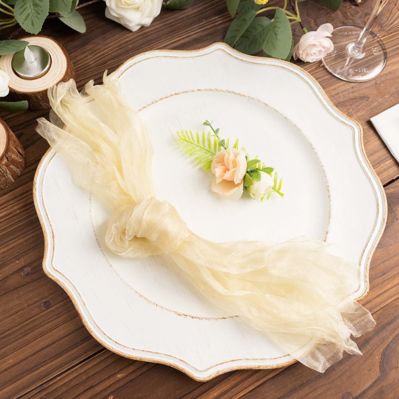 5-Pack Champagne Crinkled Organza Dinner Napkins for Rustic Parties and Weddings
