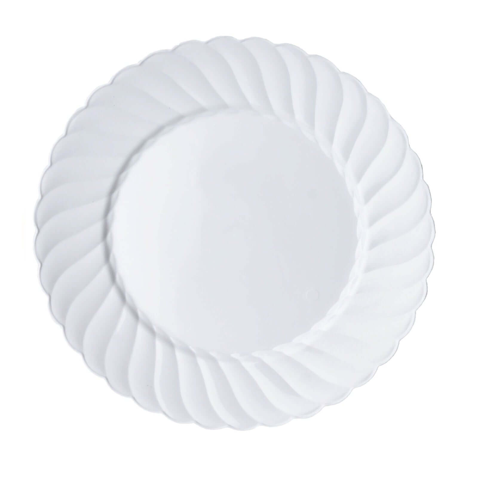 12-Piece Set of Durable Disposable Glossy White Swirl Rim Plastic Dinner Plates, 10 Inches