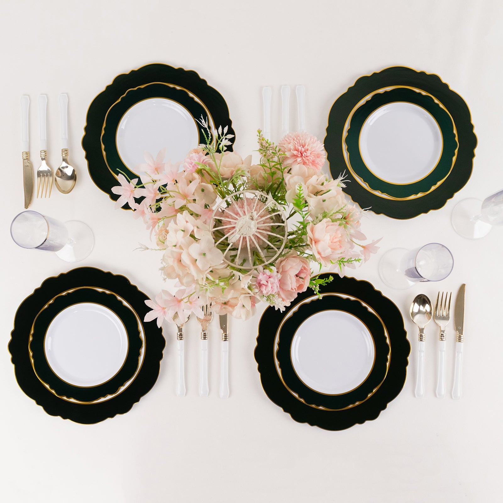 10-Pack Disposable White Plastic Dessert Plates with Hunter Green Blossom & Gold Edging - Ideal for Events