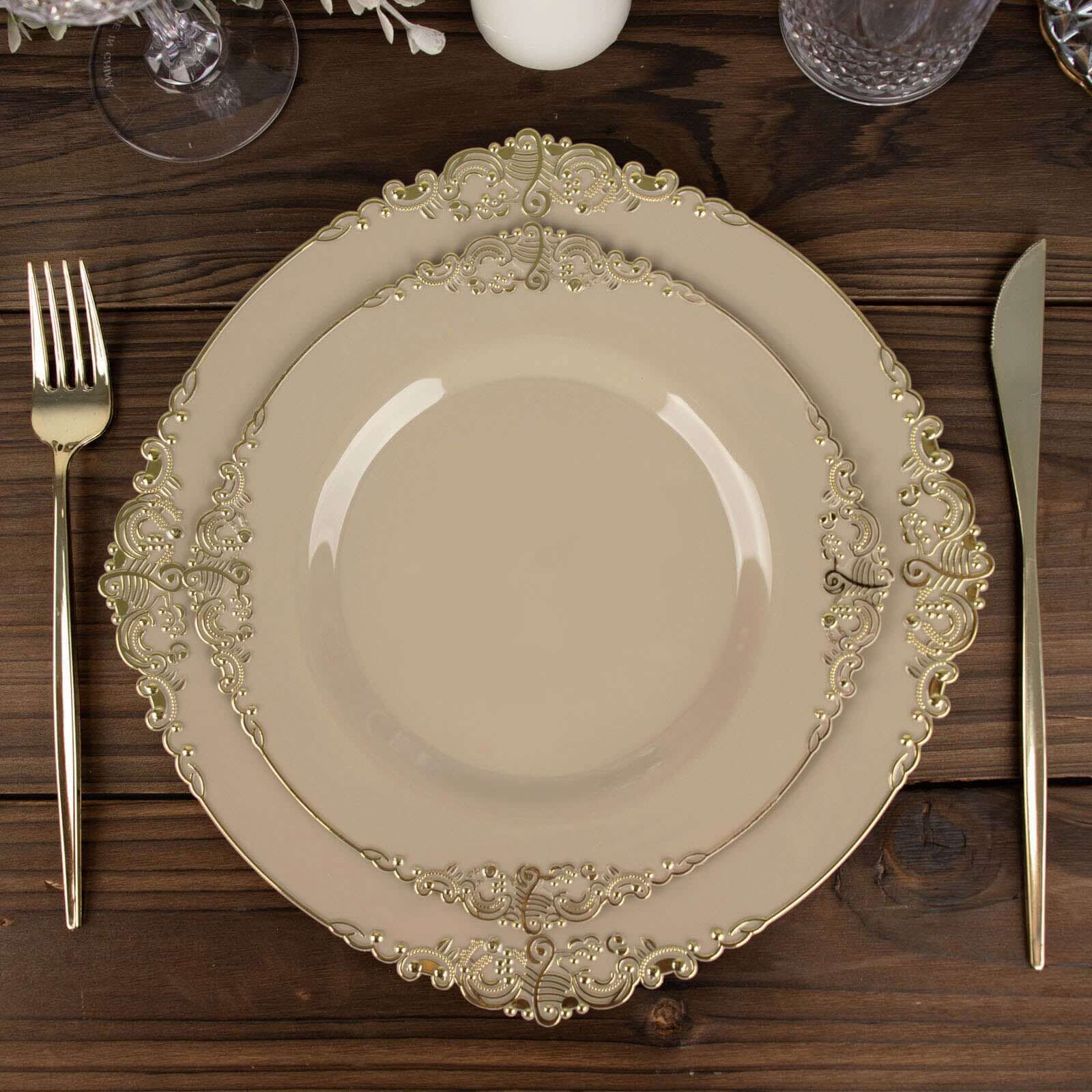 10-Pack Disposable Taupe Plastic Round Dessert Plates with Gold Leaf Embossed Rim - Vintage Baroque Style