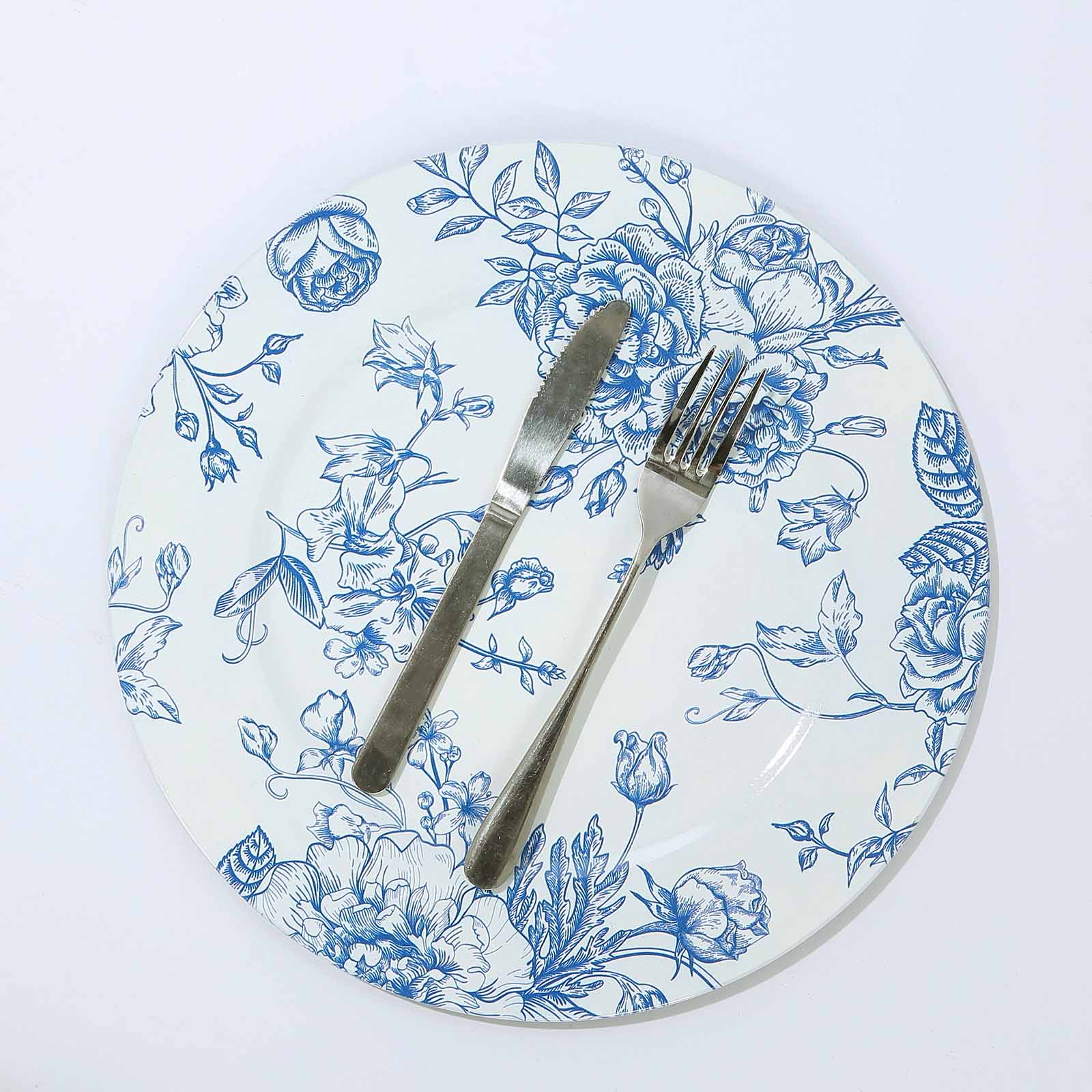 6-Piece Set of White Acrylic Round Charger Plates with Light Blue Floral French Toile Design - Ideal for Dinner Parties