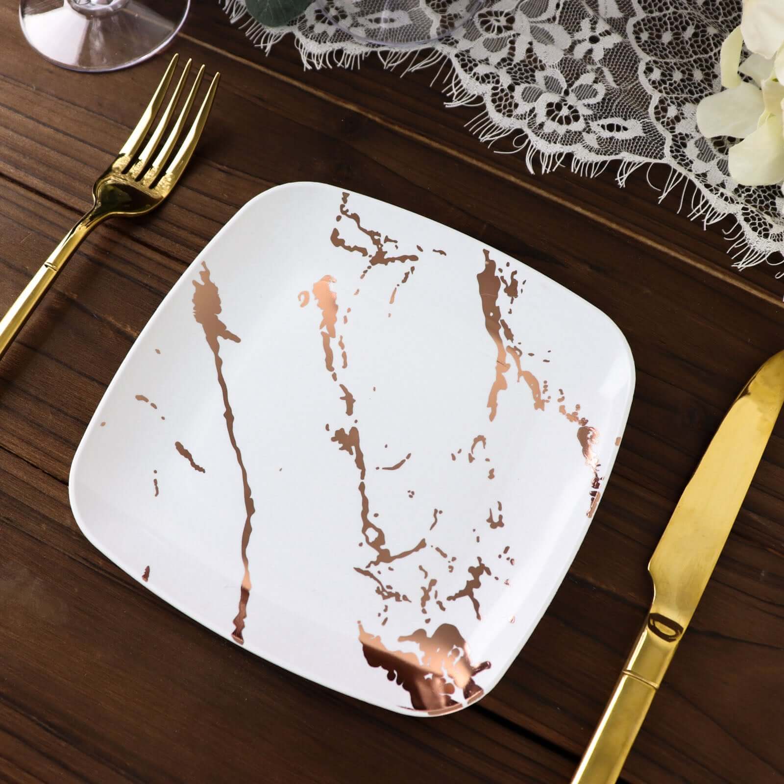 Great Deal! 10-Pack Disposable White Plastic Appetizer Plates with Rose Gold Marble Design for Special Events