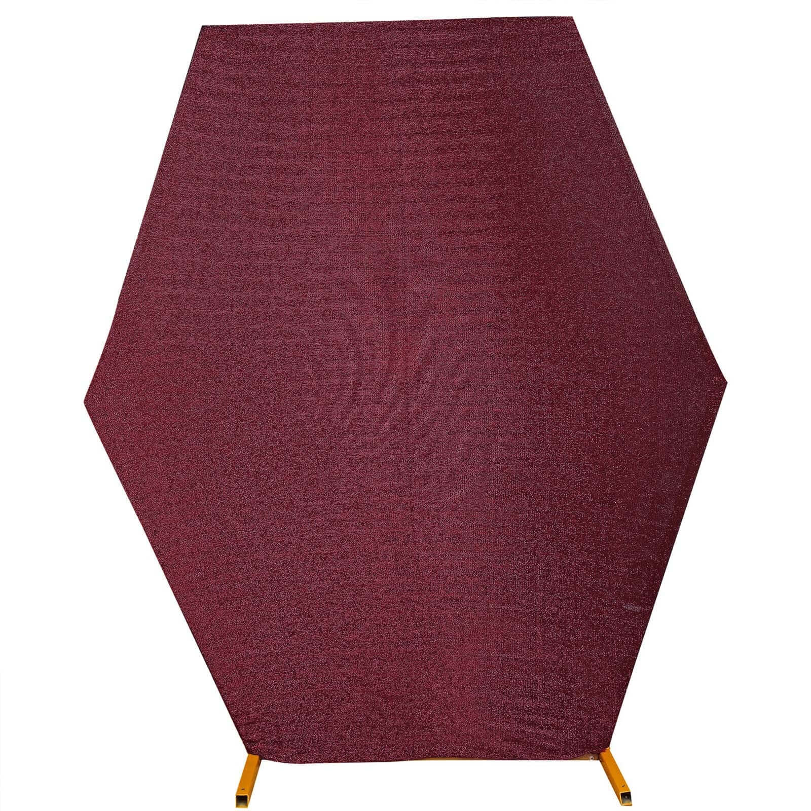Get This 8ft x 7ft Burgundy Double - Sided Metallic Shimmer Tinsel Spandex Hexagon Wedding Arbor Cover Now!