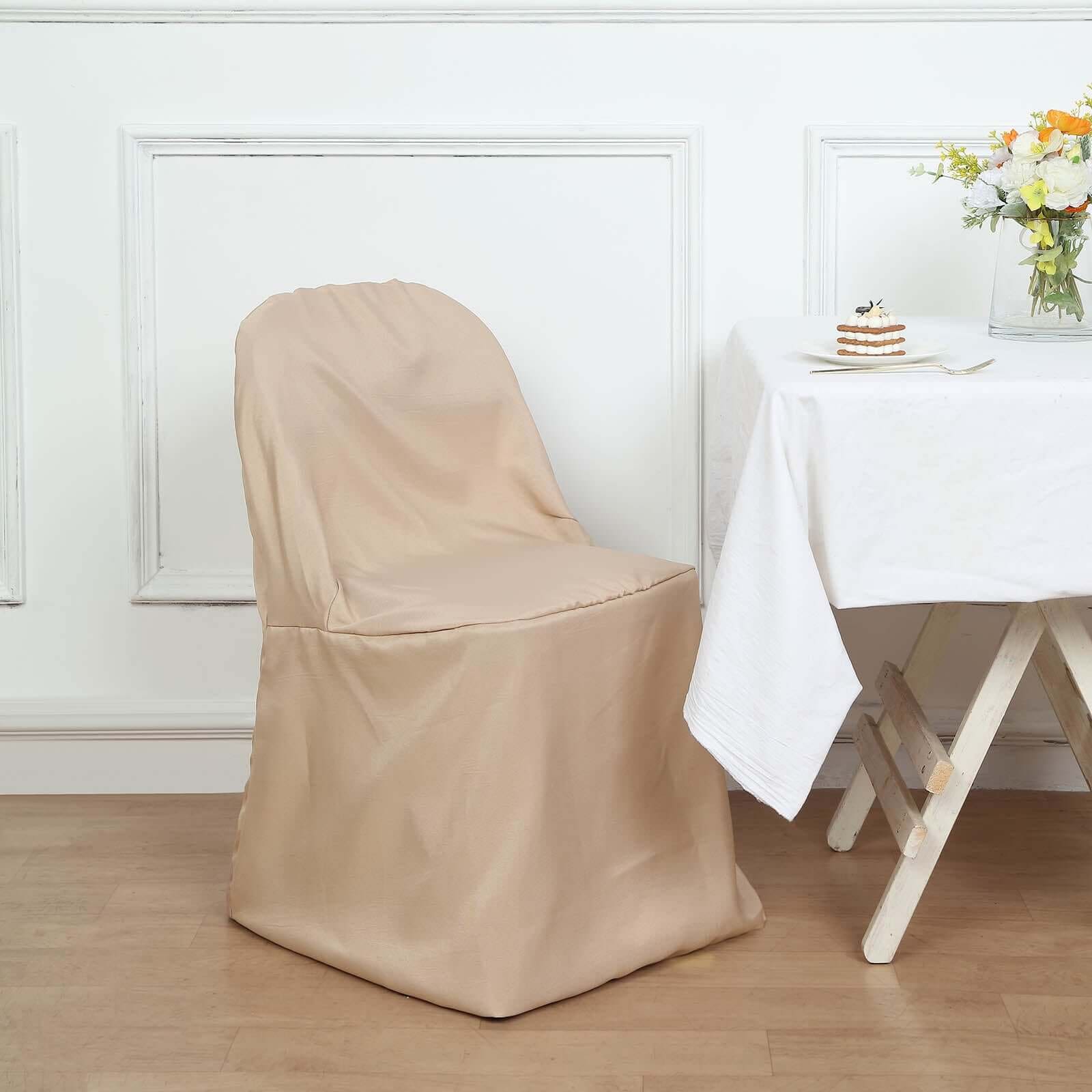 Hot Sale! 10-Piece Polyester Slip-On Chair Covers in Nude for Folding Chairs, Wrinkle & Stain Resistant