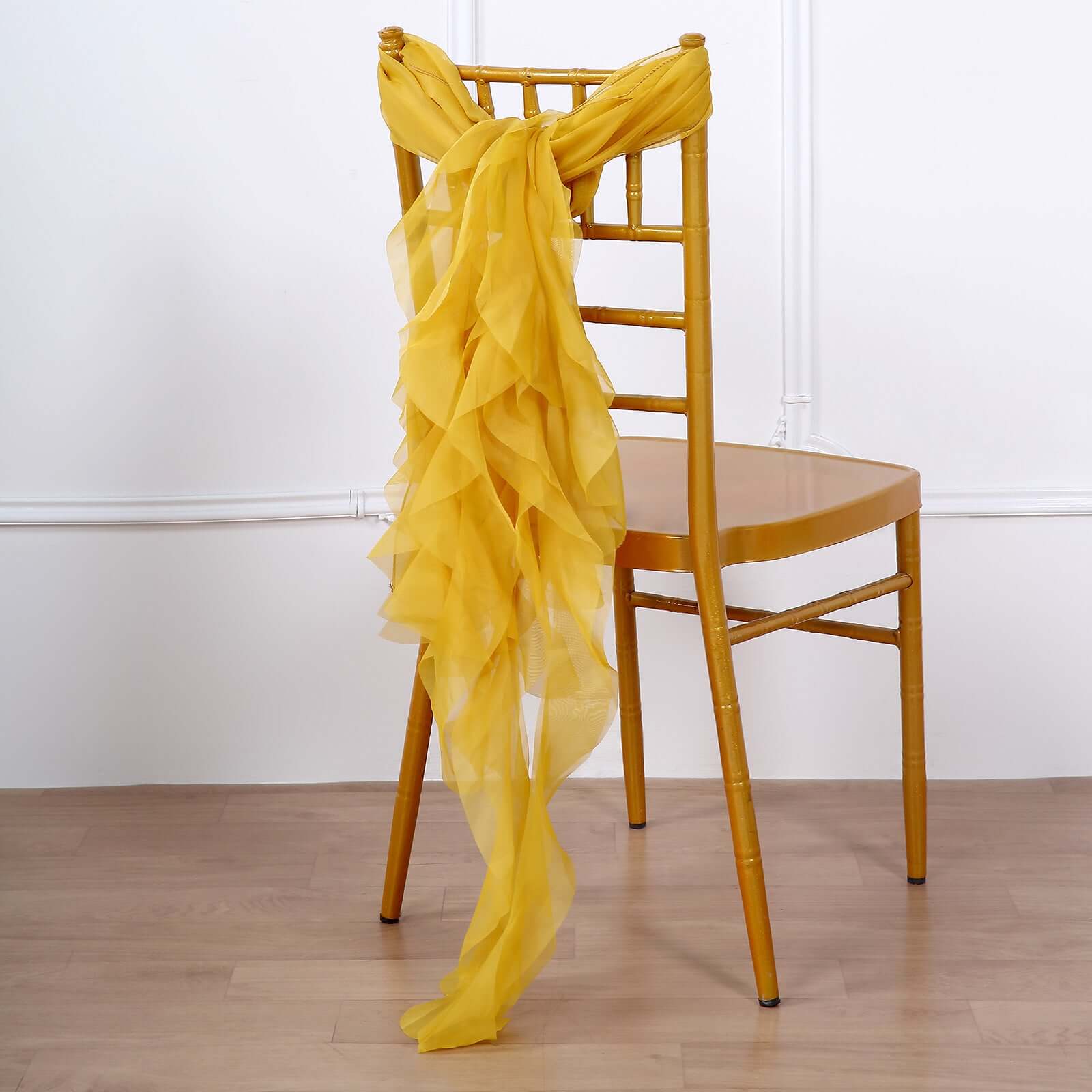 Mustard Yellow Chiffon Chair Sashes Set with Willow Ruffles - Elegant Chair Bow Decor