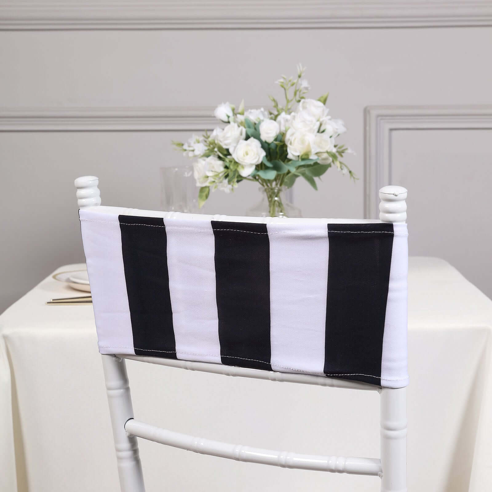 5-Pack Black/White Vertical Striped Spandex Chair Sashes - Wrinkle-Free & Easy to Use for Stunning Decor