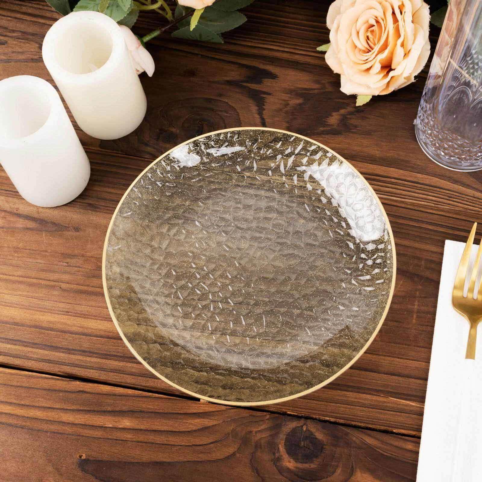 10-Pack Clear Plastic Dessert Plates with Gold Glitter Hammered Design and Rim - Disposable for Events