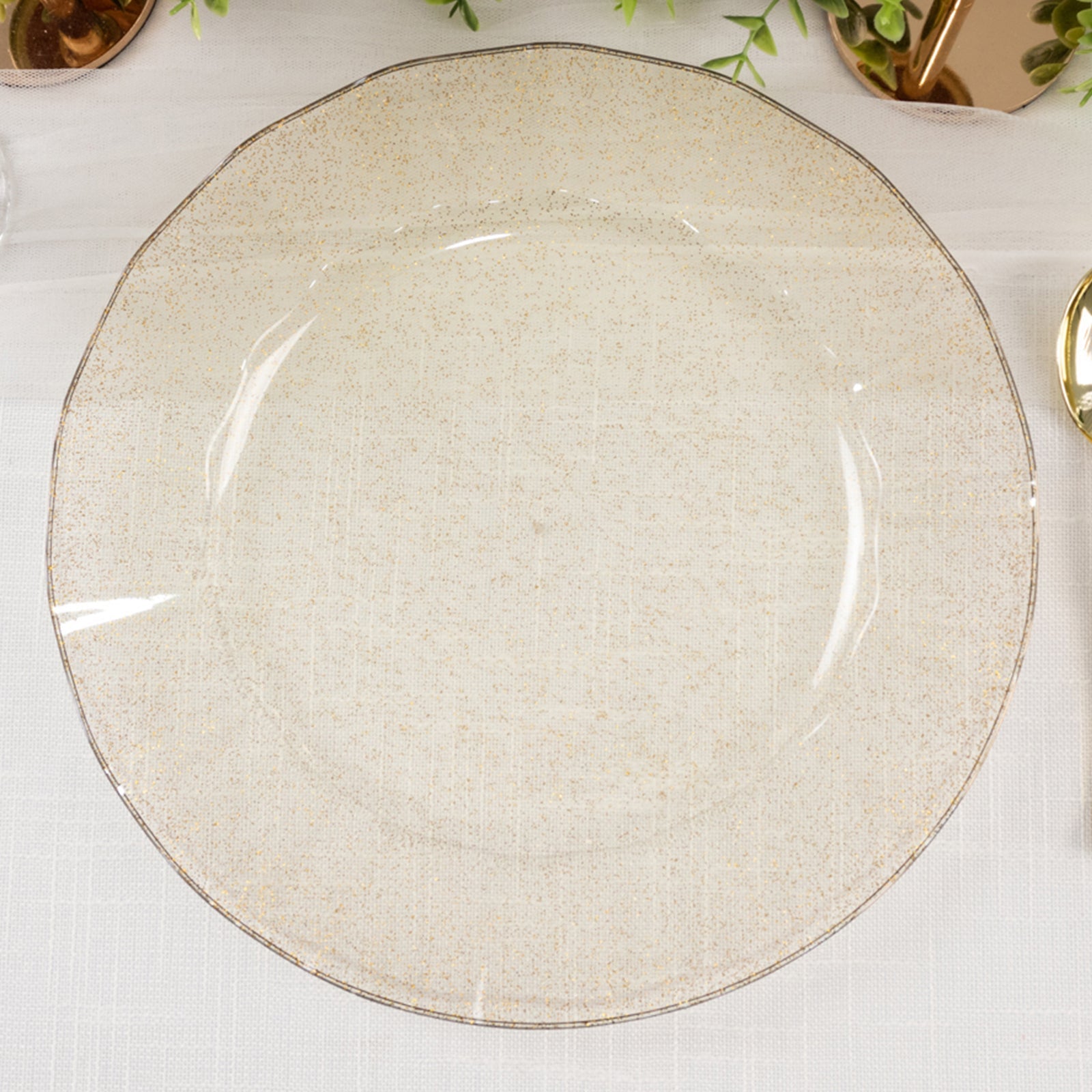 Get 10-Pack of Sturdy Disposable Gold Glitter Round Plastic Dinner Plates with Ruffled Rim