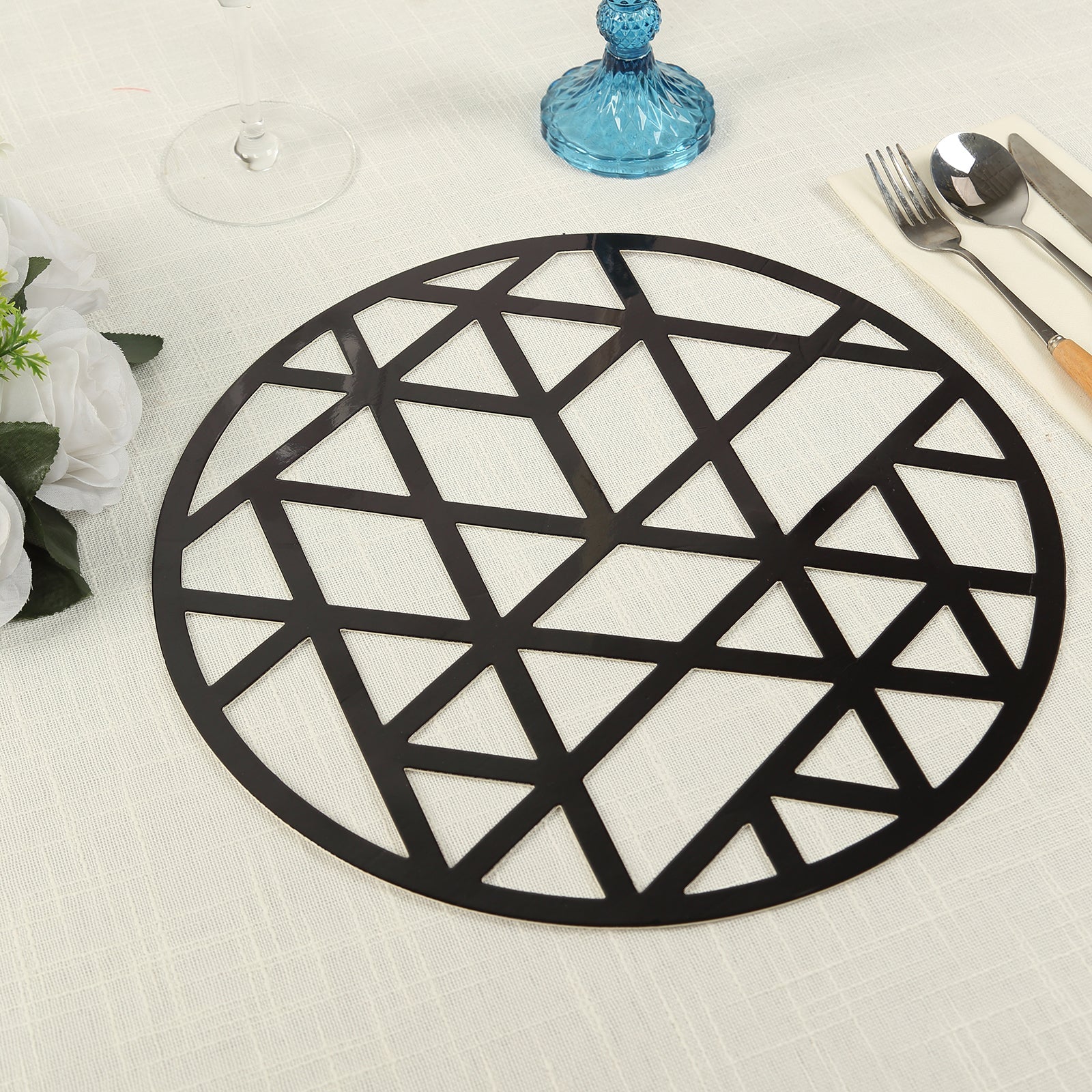 Hot Sale! 6-Pack Disposable Black Cardboard Table Placemats with Laser-Cut Geometric Triangles, 13 Inches