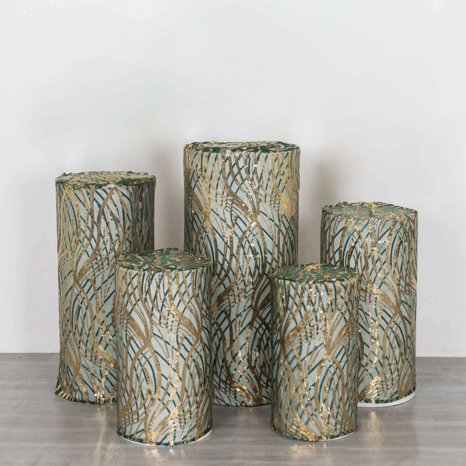 Hot Deal! Set of 5 Emerald Green Wave Sequin Mesh Cylinder Pedestal Stand Covers