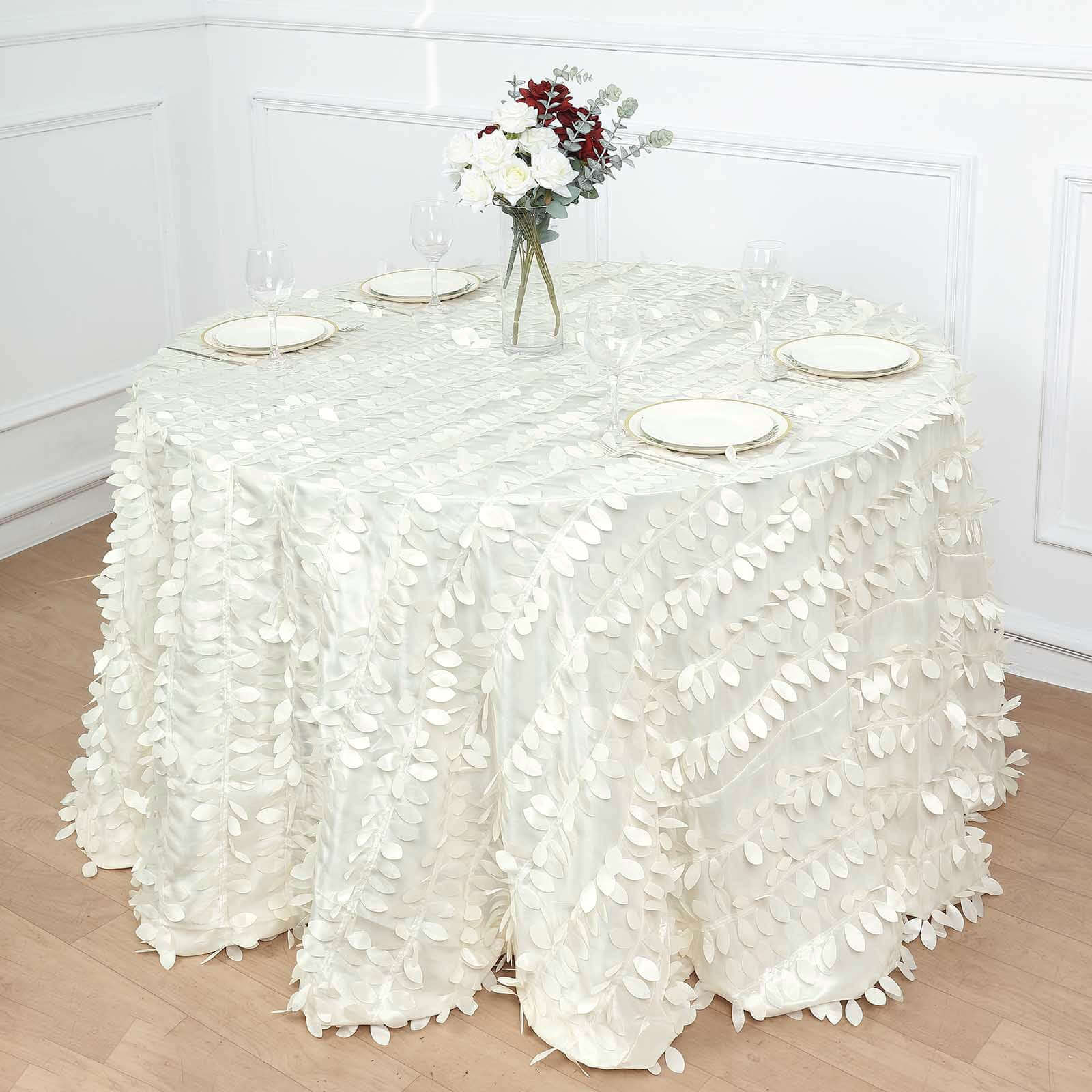 Hot Sale! Ivory Taffeta 120-Inch Round Tablecloth with 3D Leaf Petal Design