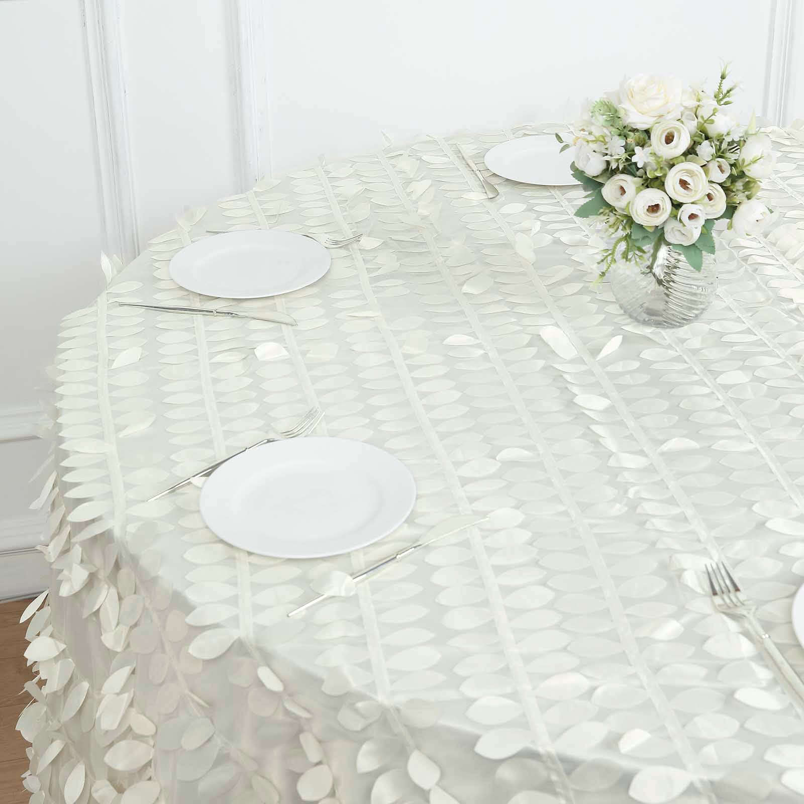 Hot Sale! Ivory Taffeta 120-Inch Round Tablecloth with 3D Leaf Petal Design