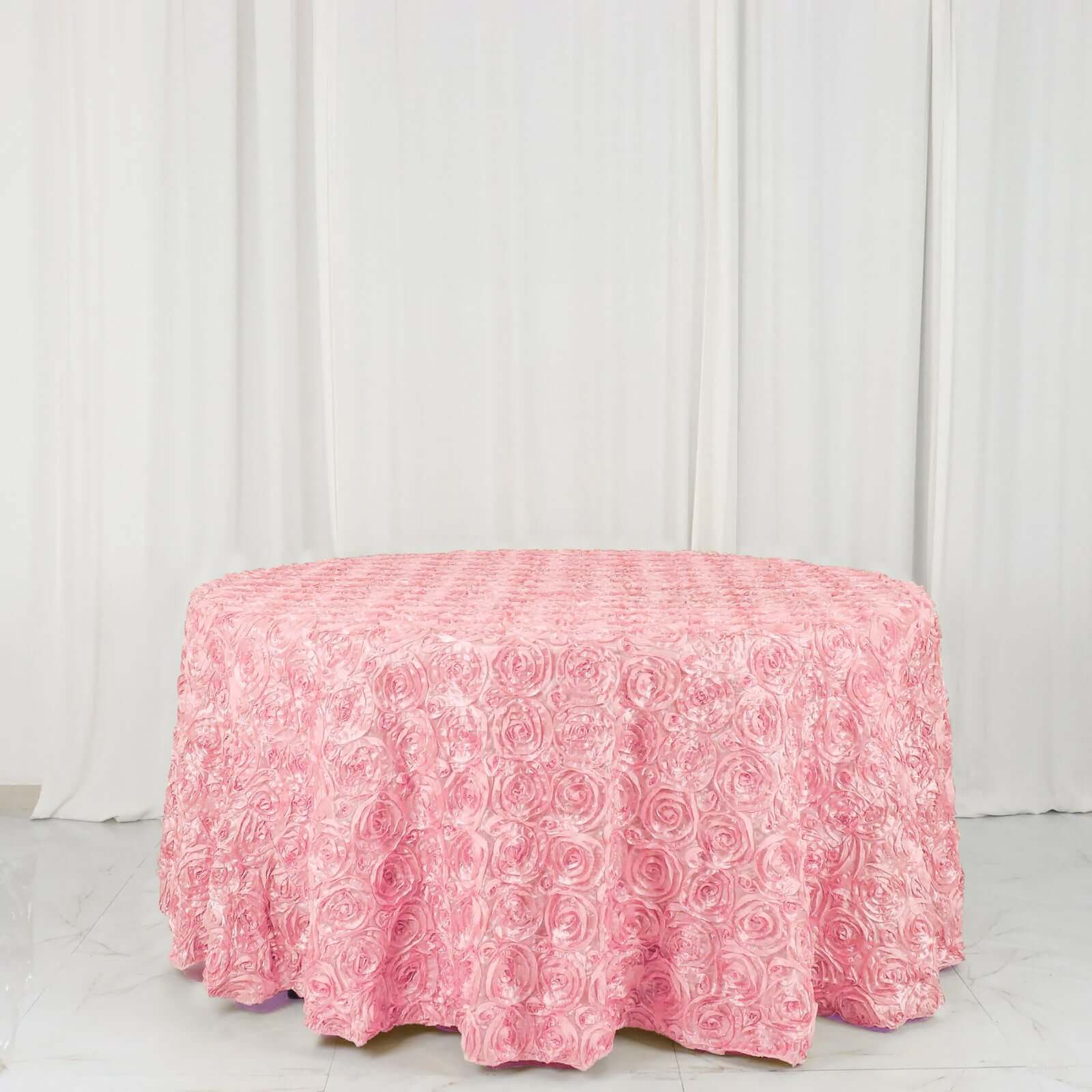 Hot Sale! 120-Inch Pink Satin Round Tablecloth with Stunning 3D Rosette and Seamless Finish