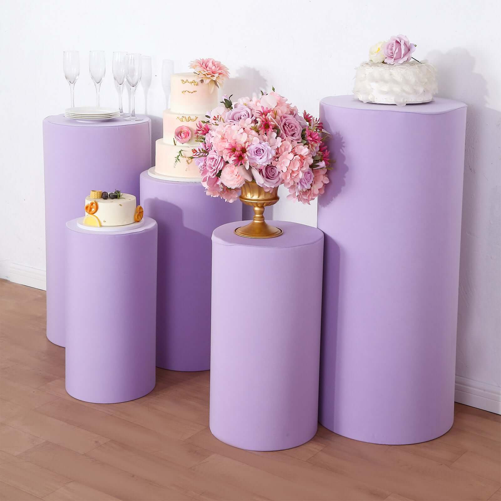 Hot Sale! Set of 5 Lavender Spandex Cylinder Pedestal Stand Covers for Various Decorations