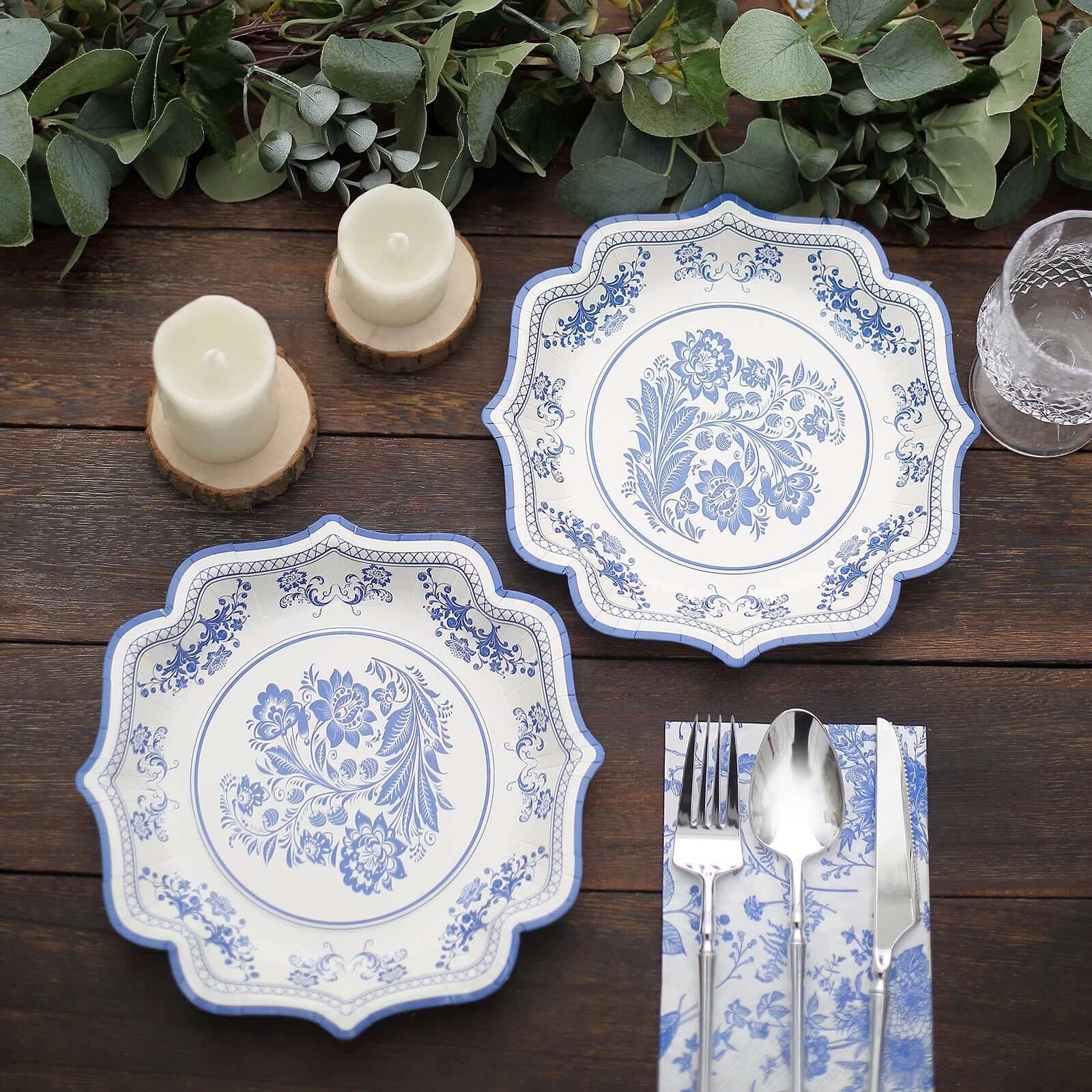 25-Pack Disposable White Paper Salad Plates with Light Blue Damask Floral Print and Scallop Rim