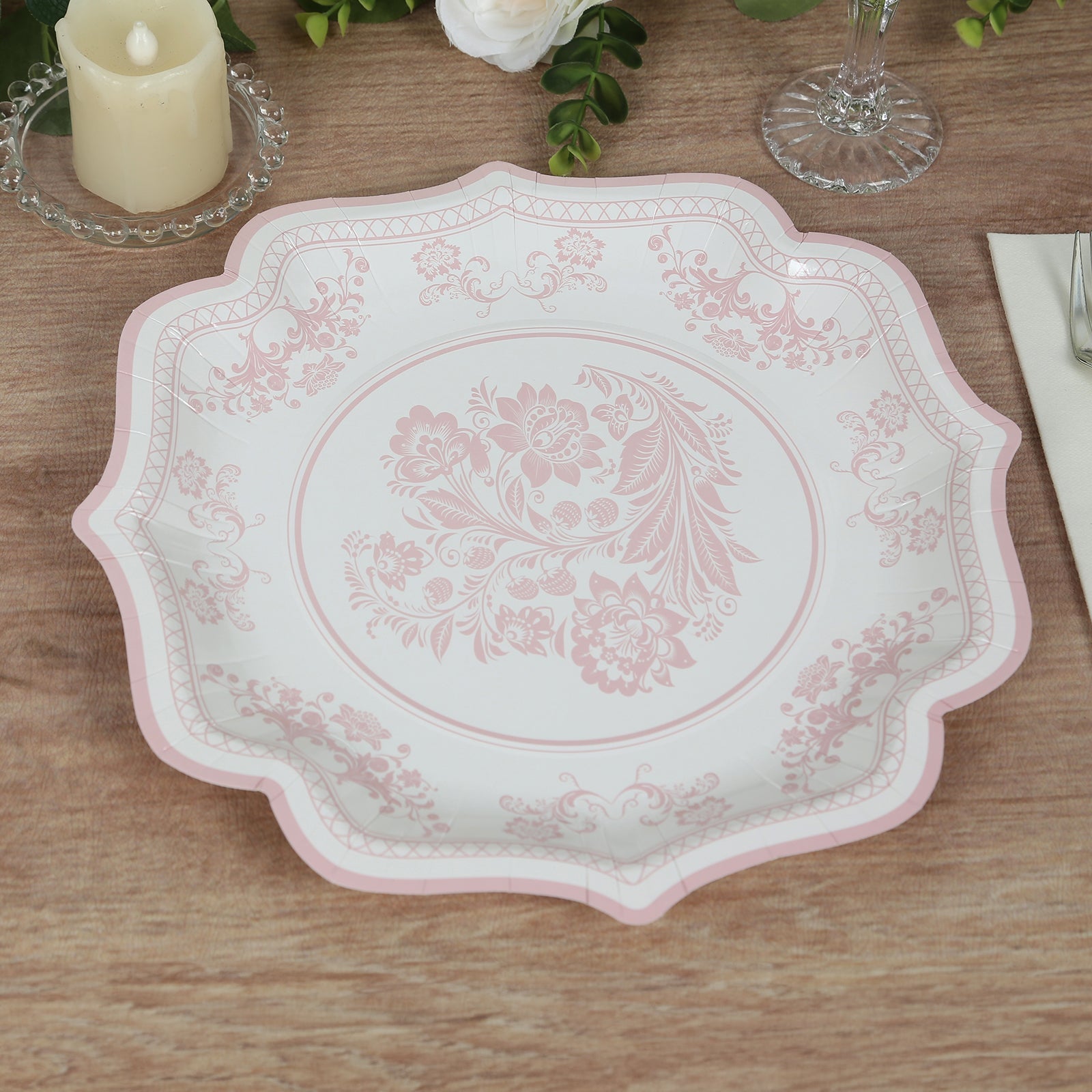 Get 25-Pack of Elegant White Disposable Paper Dessert Plates with Pink Floral Damask Print & Scallop Rim