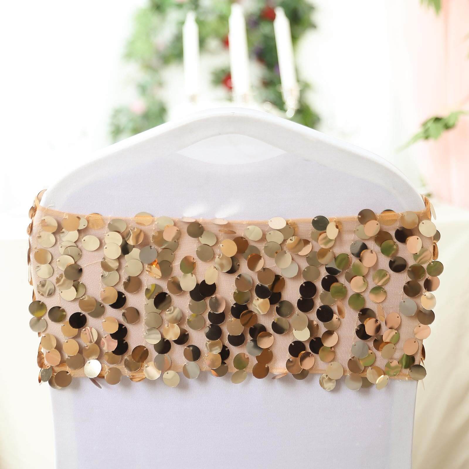 Hot Deal! 5-Pack Gold Big Payette Sequin 13x10 Chair Sash Bands for Weddings & Gatherings