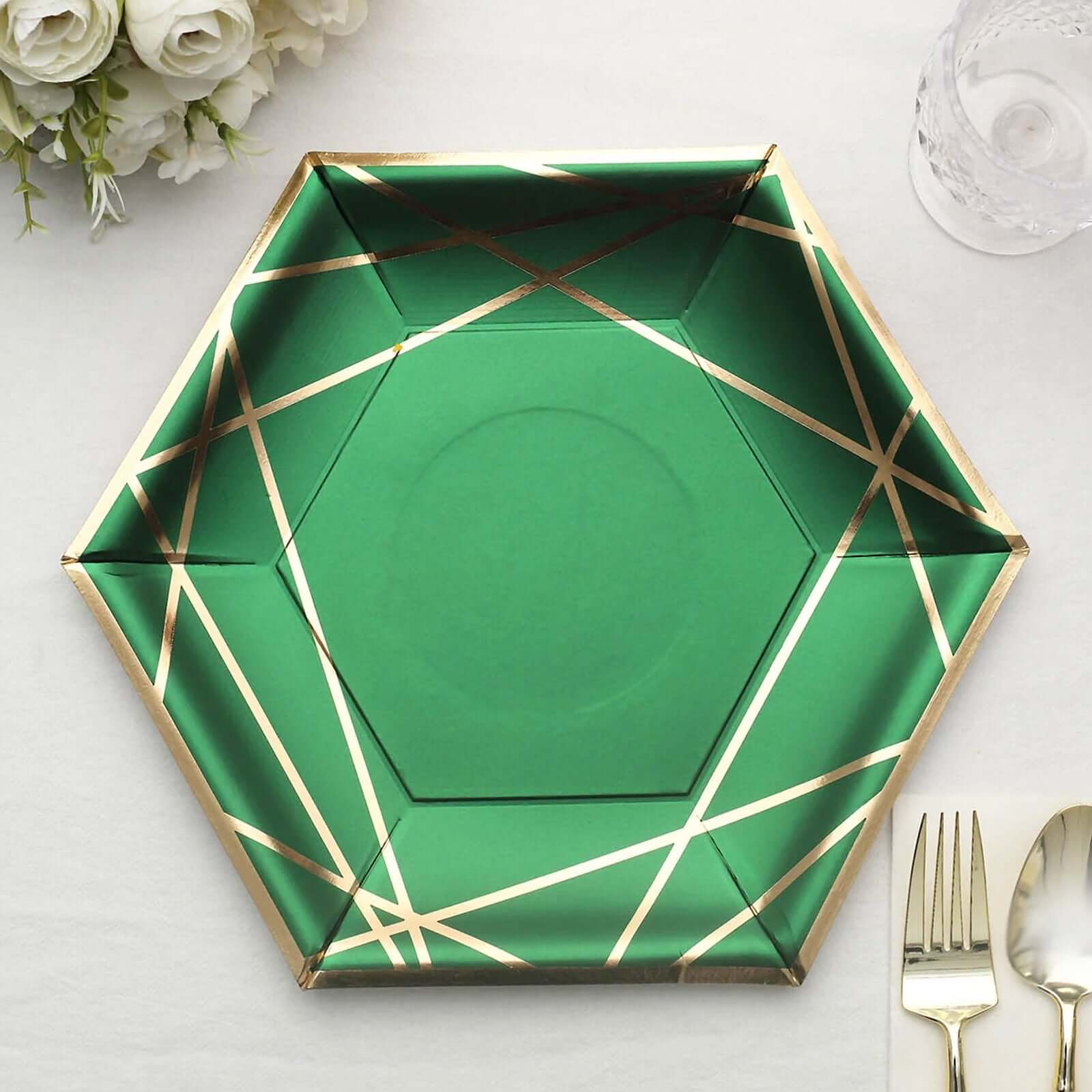 25-Piece Set of Hunter Emerald Green Paper Hexagon Dinner Plates with Gold Geometric Rim
