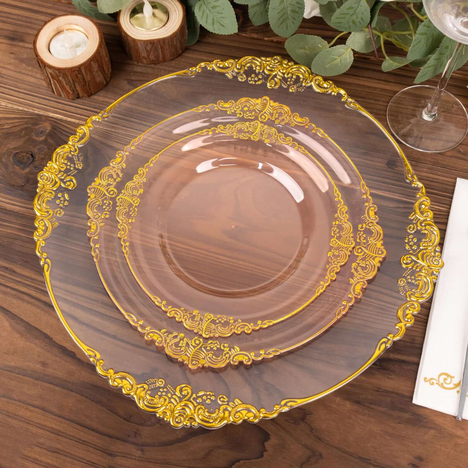 10-Pack Disposable 8" Transparent Blush Plastic Dessert Plates with Gold Leaf Embossed Rim - Vintage Baroque Style