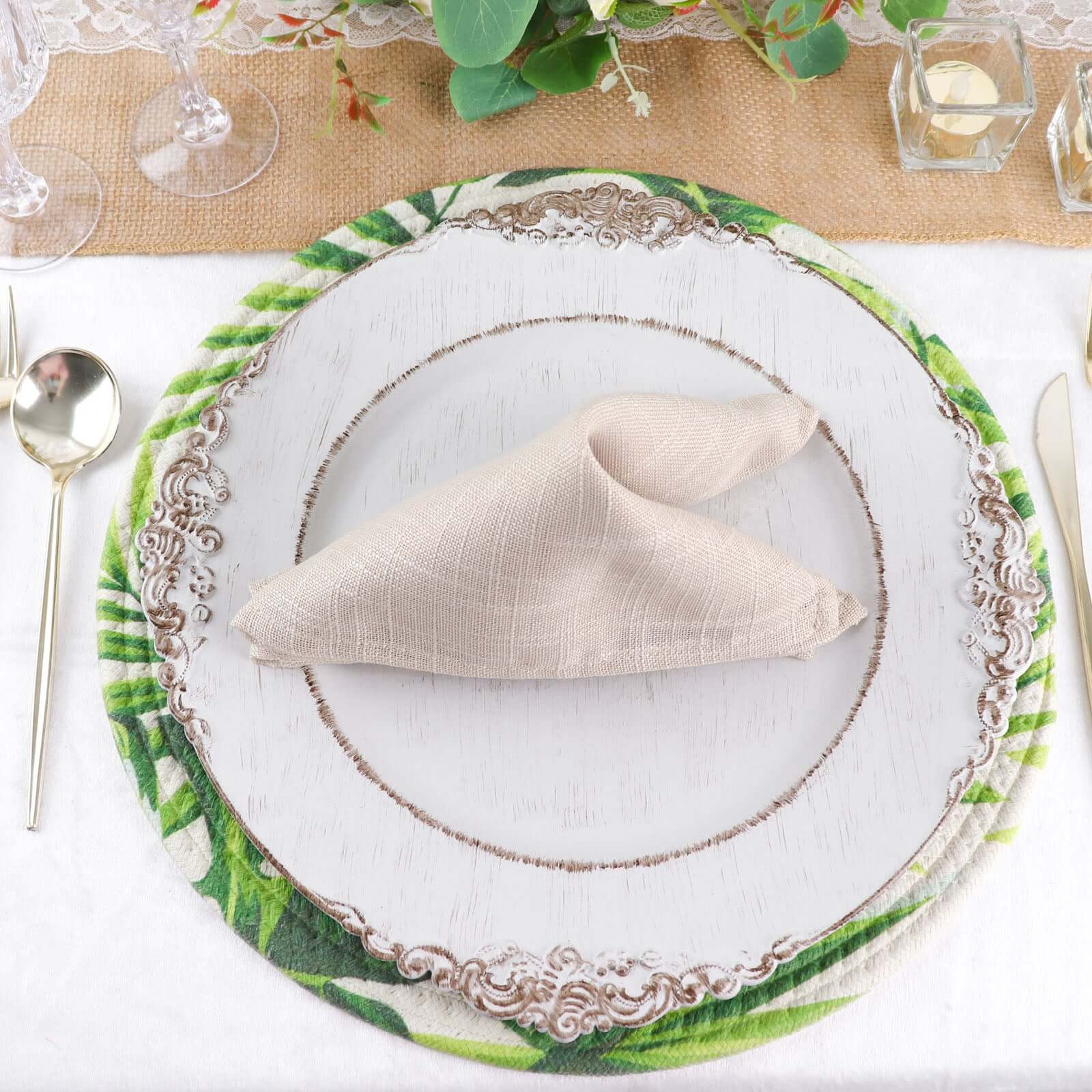 4-Pack Round Woven Cotton Table Placemats in Tropical Leaf Design, 15 Inches Green