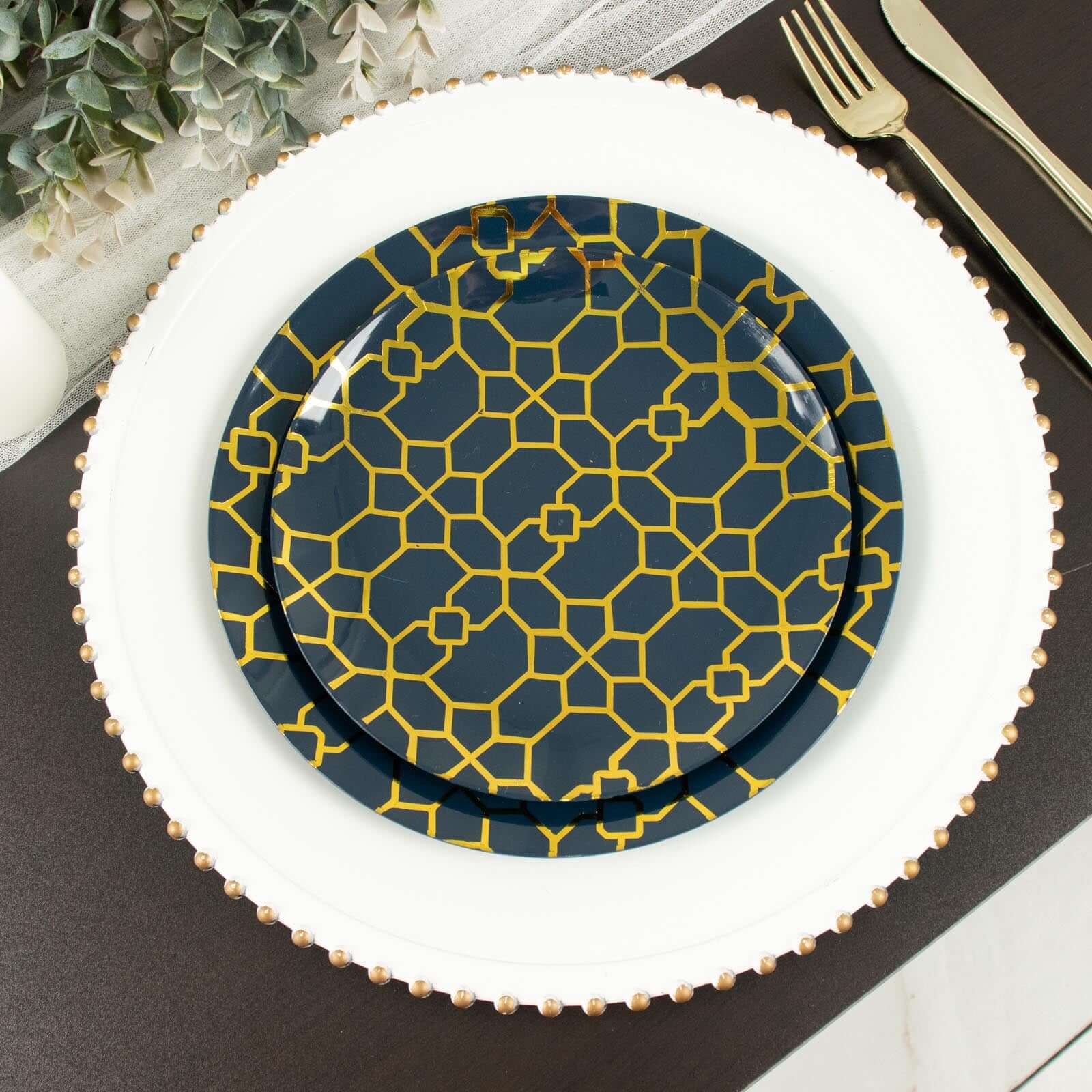 Hot Deal! 20-Pack Navy Blue Plastic Dinnerware Set with Gold Geometric Print for Weddings