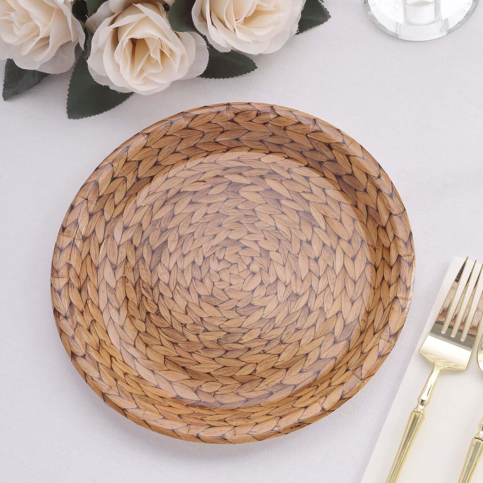 25-Pack Disposable 9-Inch Round Natural Paper Dinner Plates with Woven Rattan Print - Ideal for Rustic Farmhouse Parties
