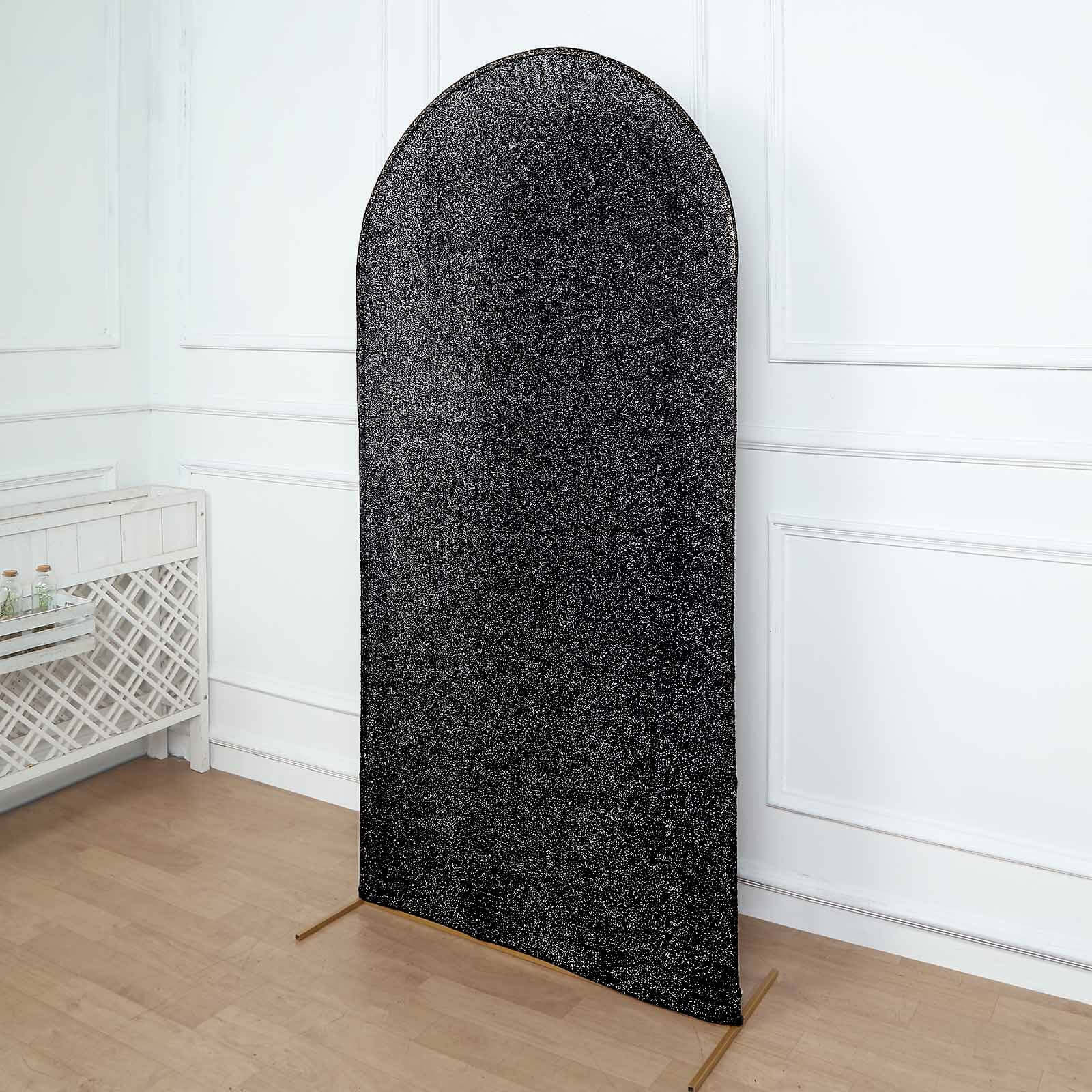 7ft Black Shimmer Tinsel Spandex Cover for Fitted Round - Top Wedding Arch Stand