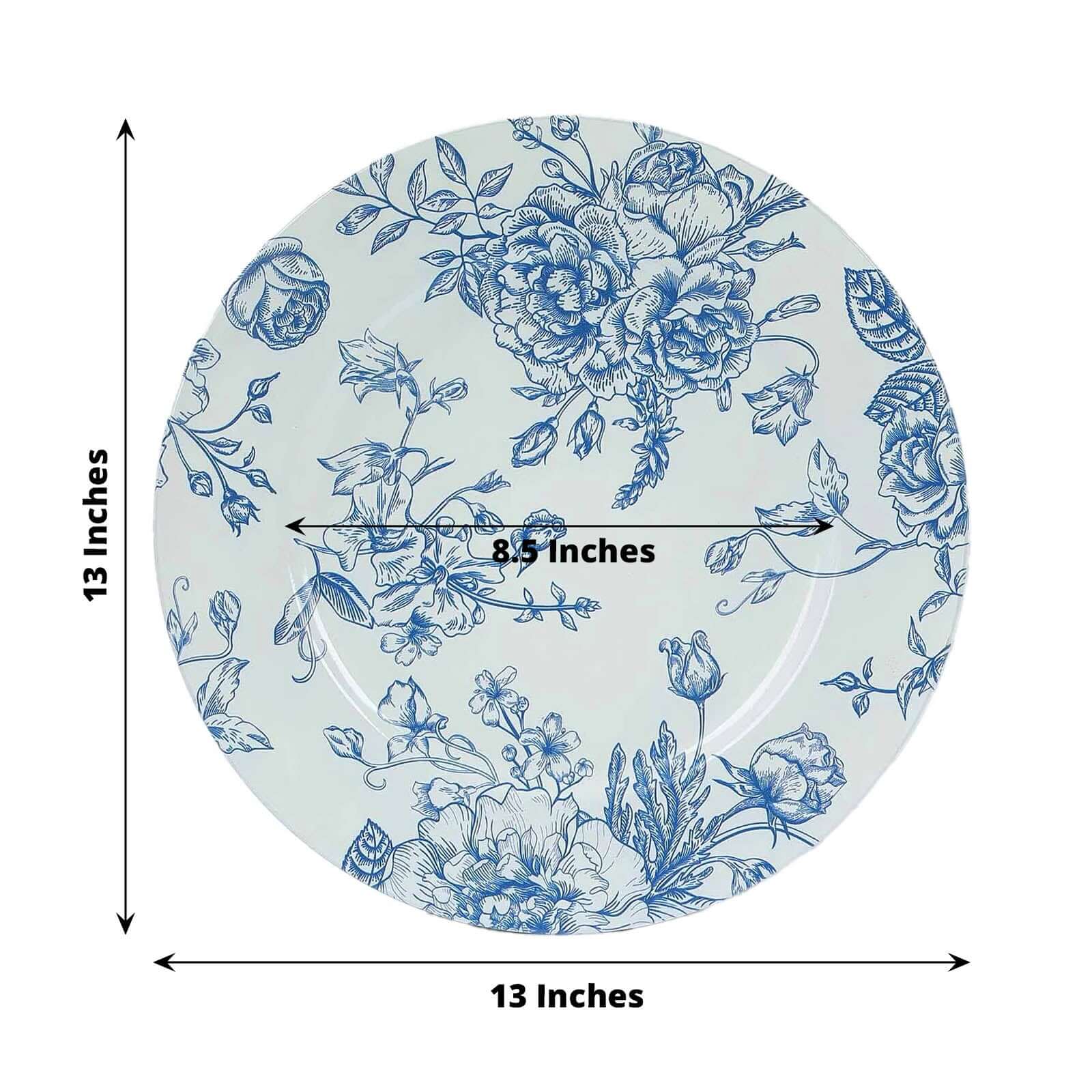 6-Piece Set of White Acrylic Round Charger Plates with Light Blue Floral French Toile Design - Ideal for Dinner Parties