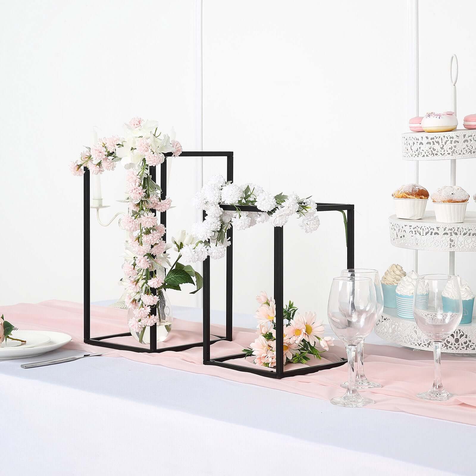 2-Pack Matte Black Metal Geometric Wedding Flower Stand - Ideal for Sophisticated Arrangements