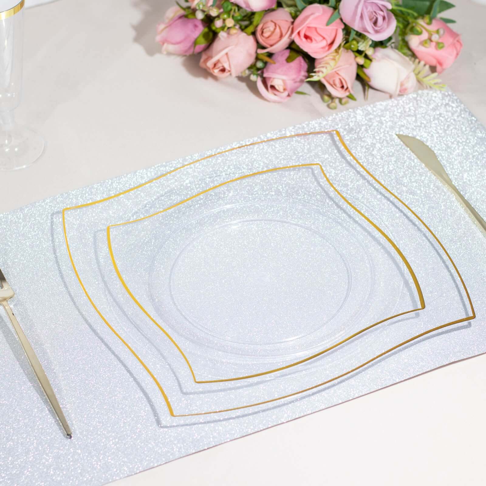 10-Piece Set of Clear Plastic Square Dessert Plates with Gold Wavy Rim - Disposable for Party Use