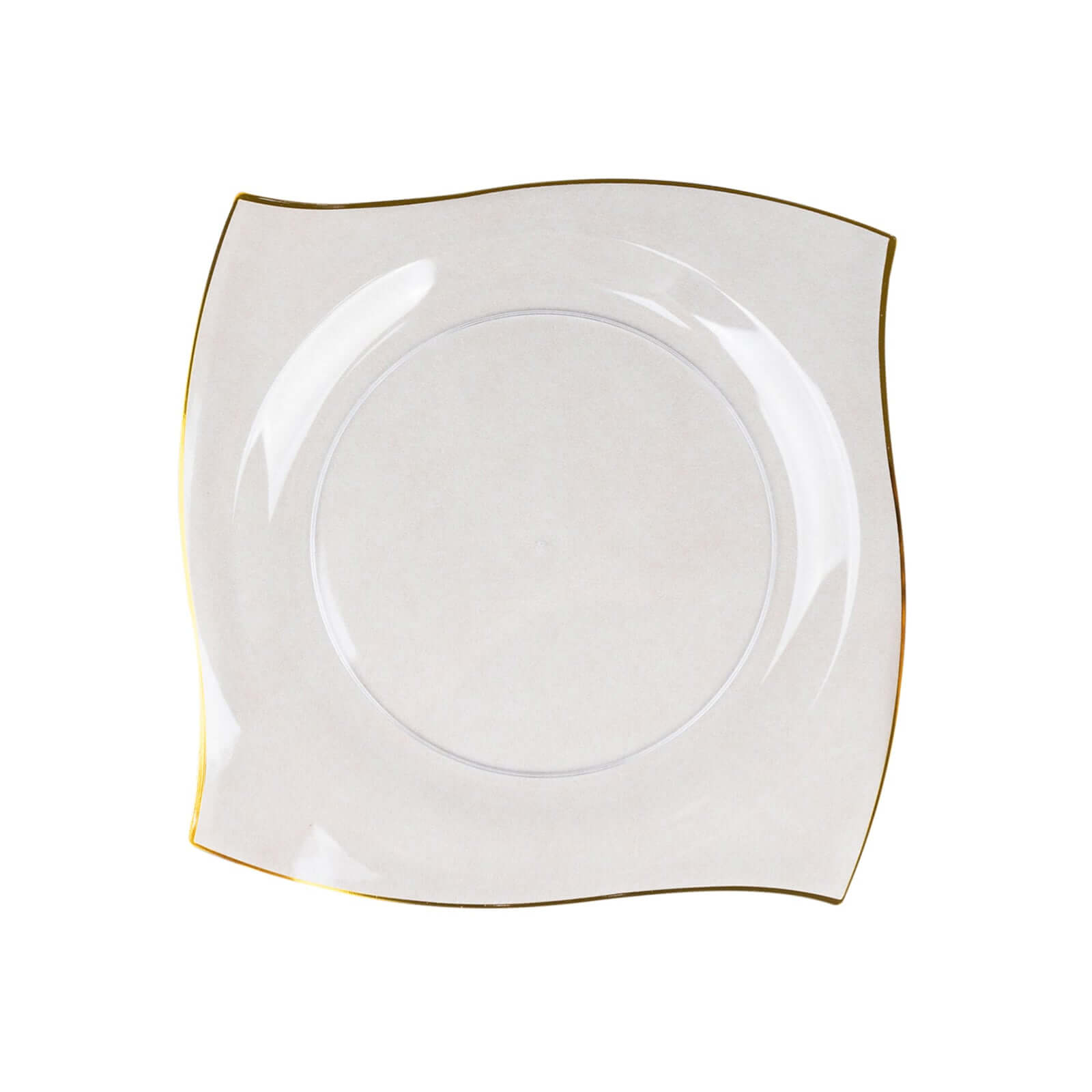 10-Pack Disposable Clear Plastic Square Dinner Plates with Gold Wavy Rim