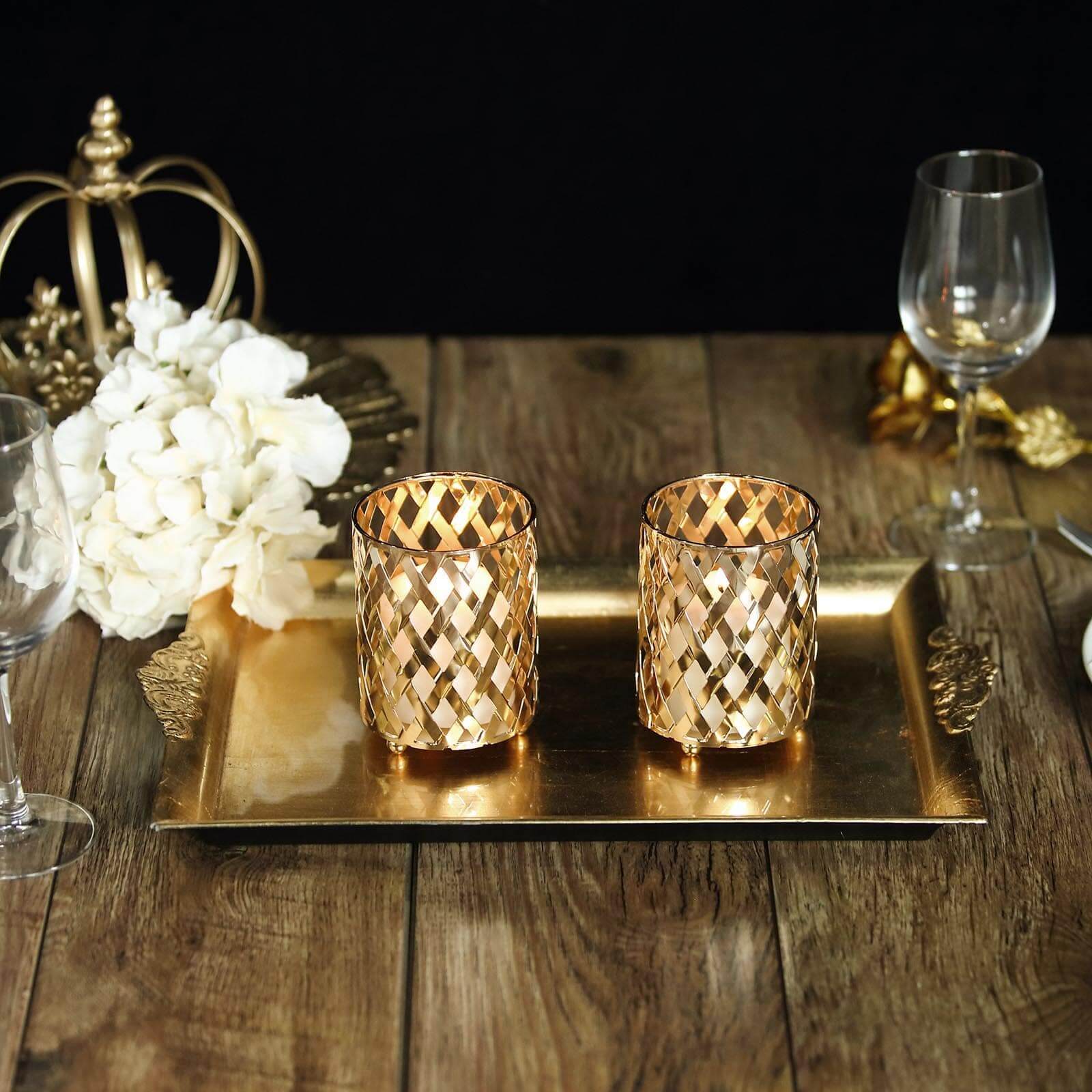 2-Piece Gold Metal Votive Candle Holders with Diamond Cut Geometric Design for Home and Events