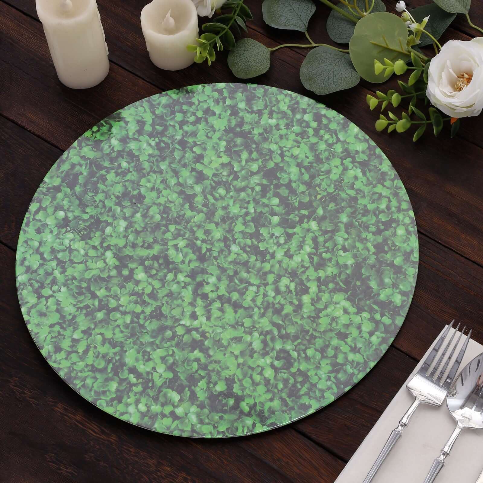 6-Piece Set of Disposable Round Table Placemats in Green Boxwood Leaf Design, 700GSM, 13-Inch